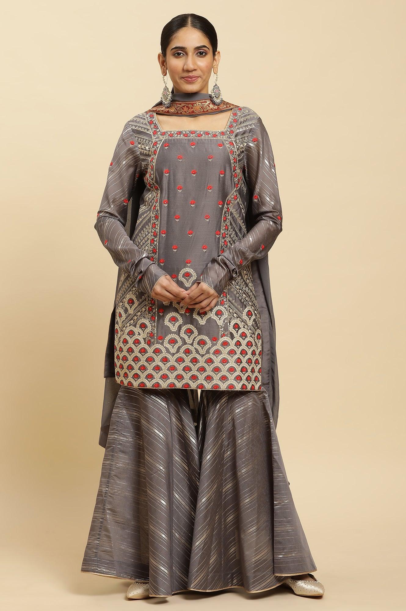 Light Grey Embroidered Heavy Festive Kurta And Sharara And Dupatta Set - wforwoman