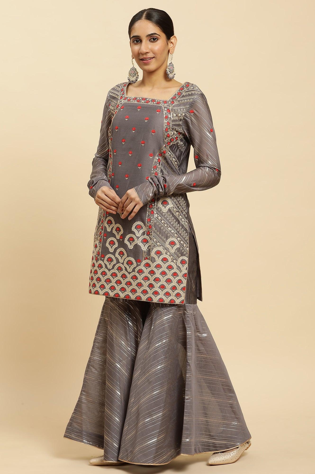 Light Grey Embroidered Heavy Festive Kurta And Sharara And Dupatta Set - wforwoman