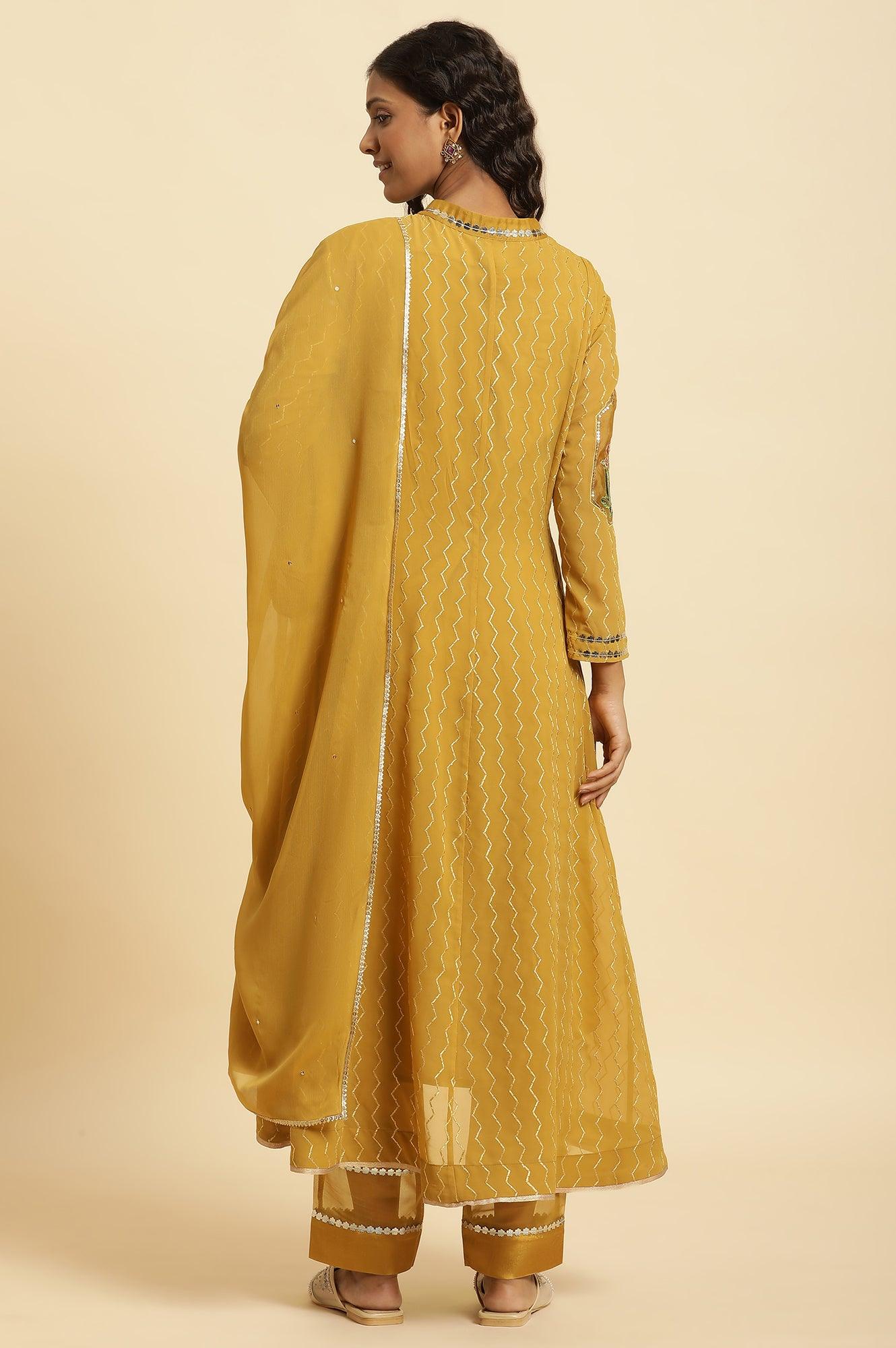 Yellow Embroidered Kurta, Pants And Dupatta Set - wforwoman
