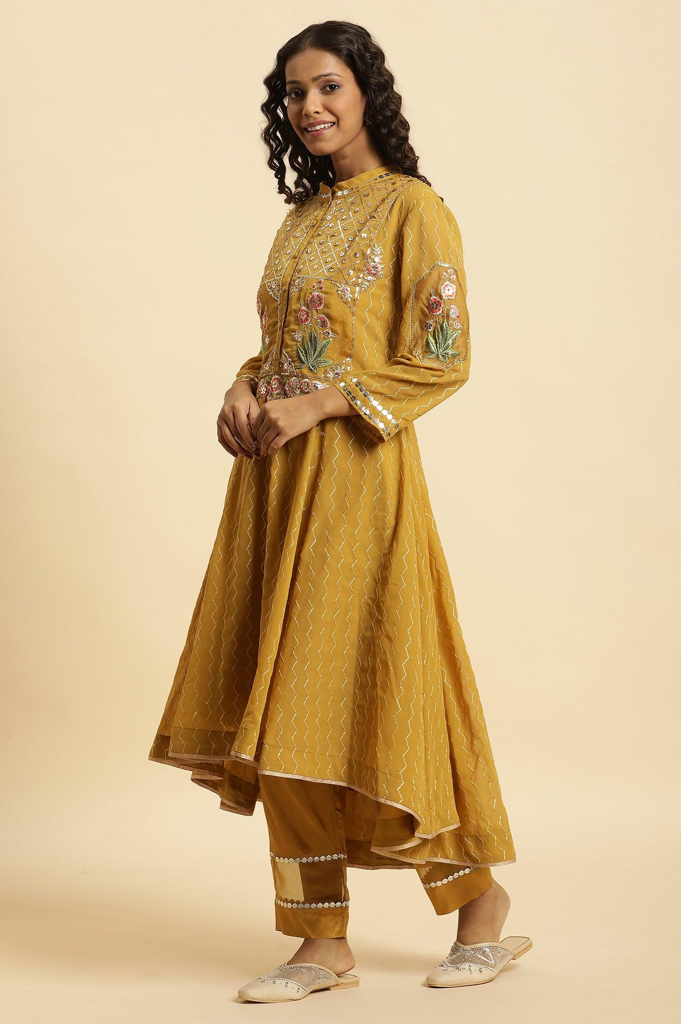 Yellow Embroidered Kurta, Pants And Dupatta Set - wforwoman
