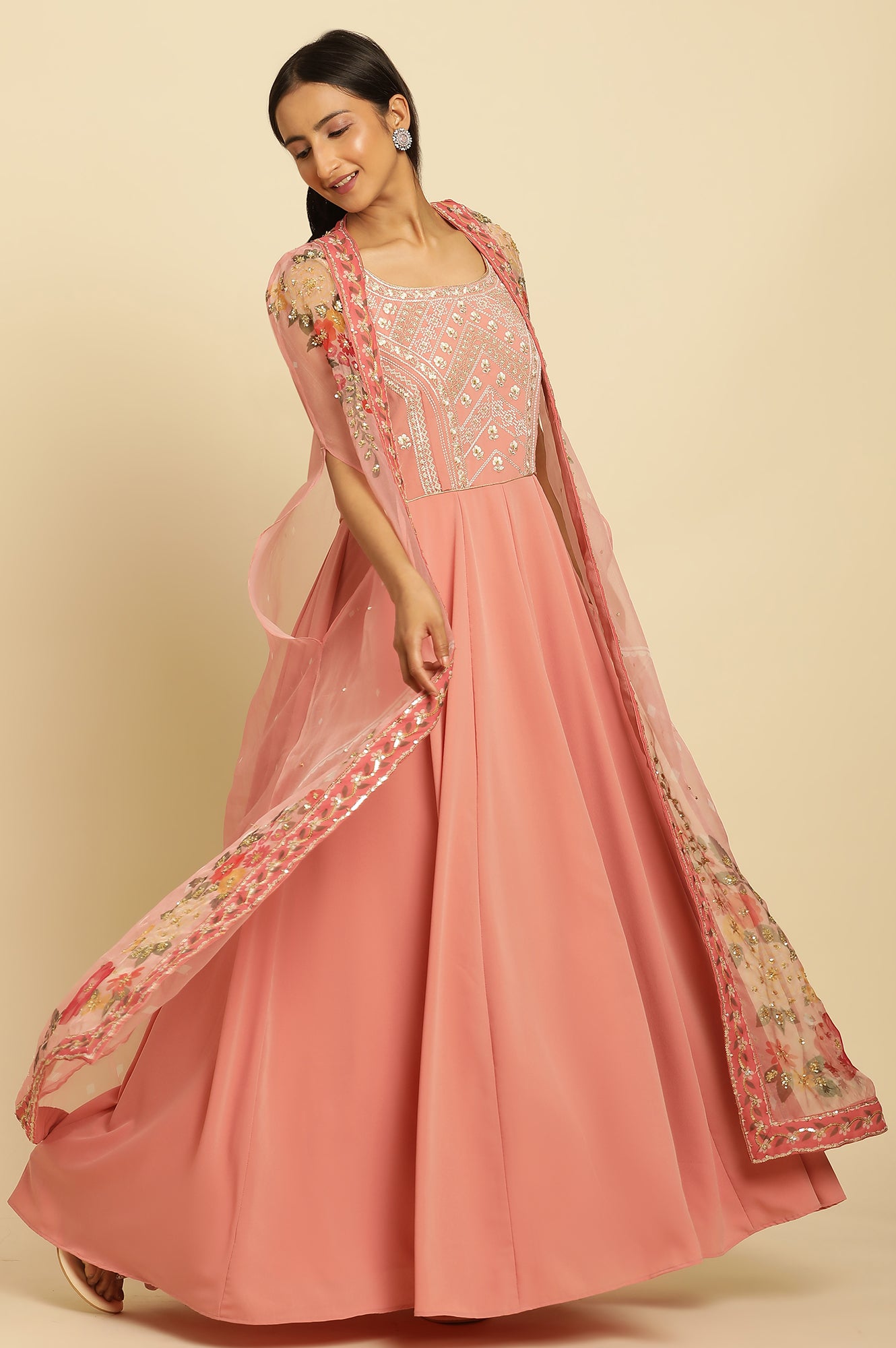 Buy Pink Embeelished Cape And Flared Dress Set Online for Woman | WforWoman