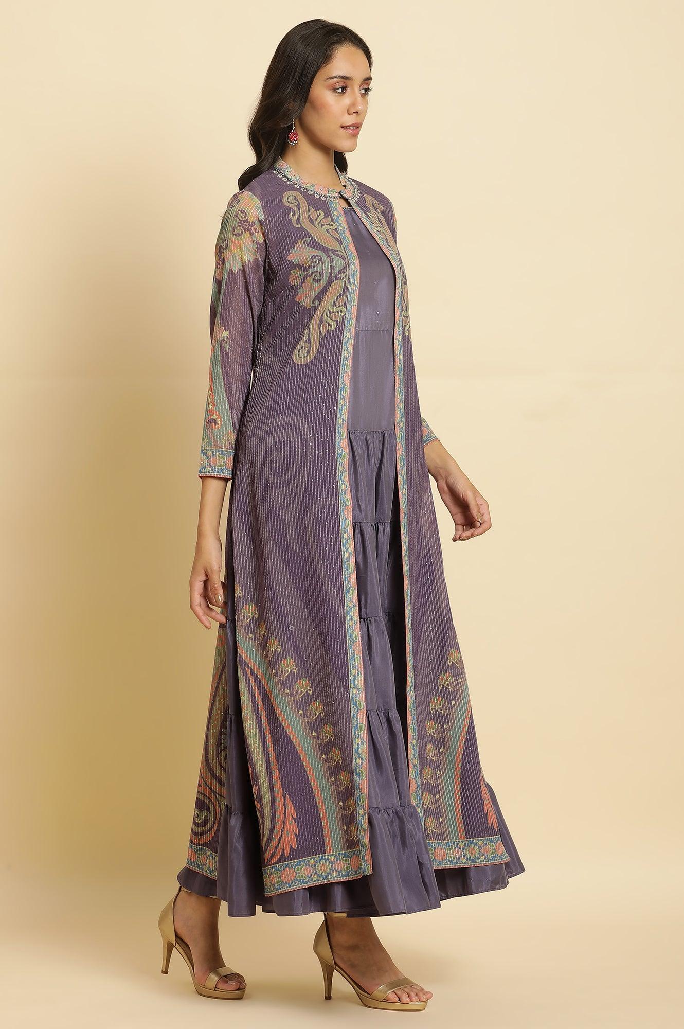 Purple Embellished Georgette Gilet And Tiered Dress - wforwoman