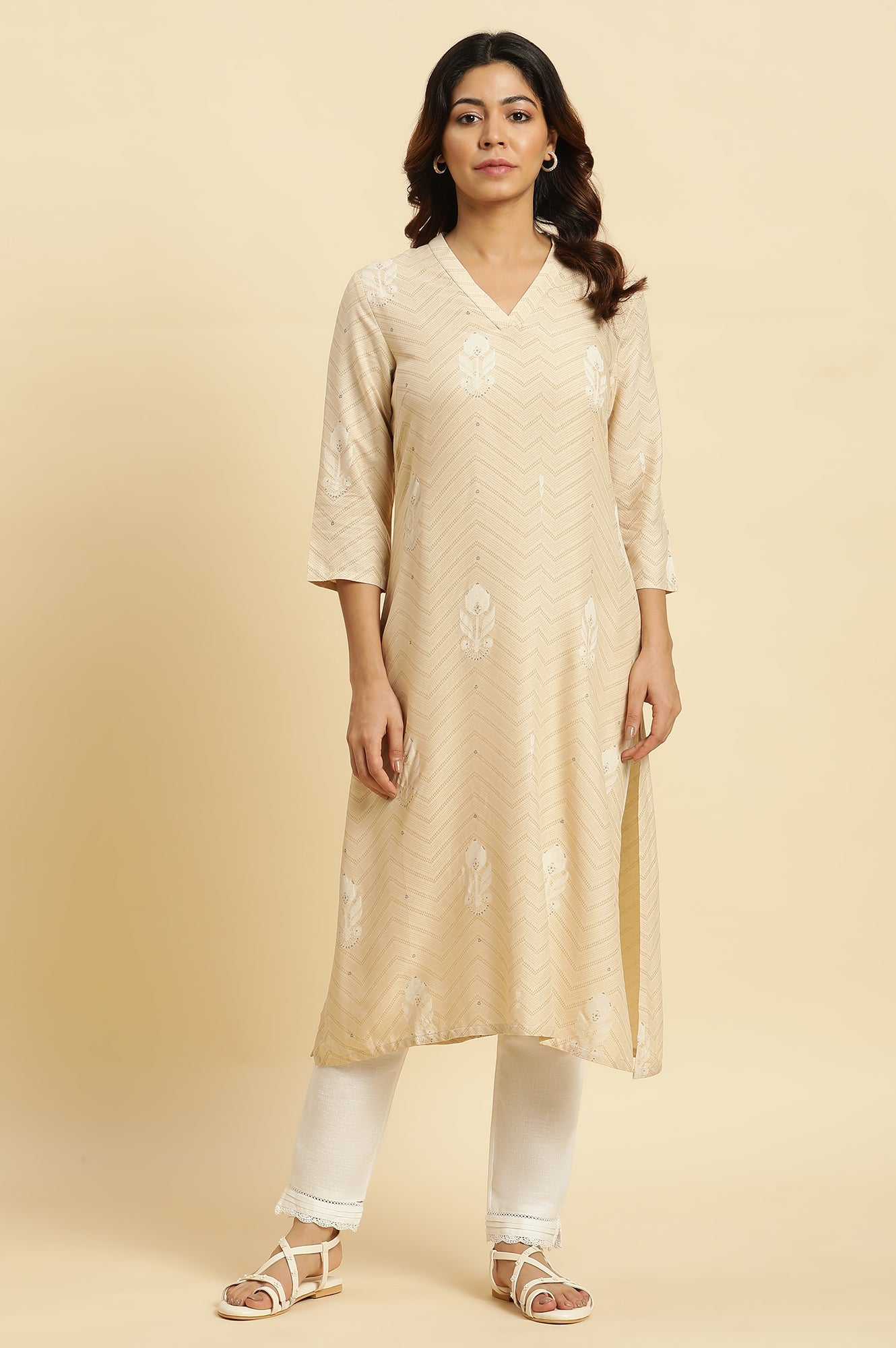 Beige Floral A-Line Rayon Kurta