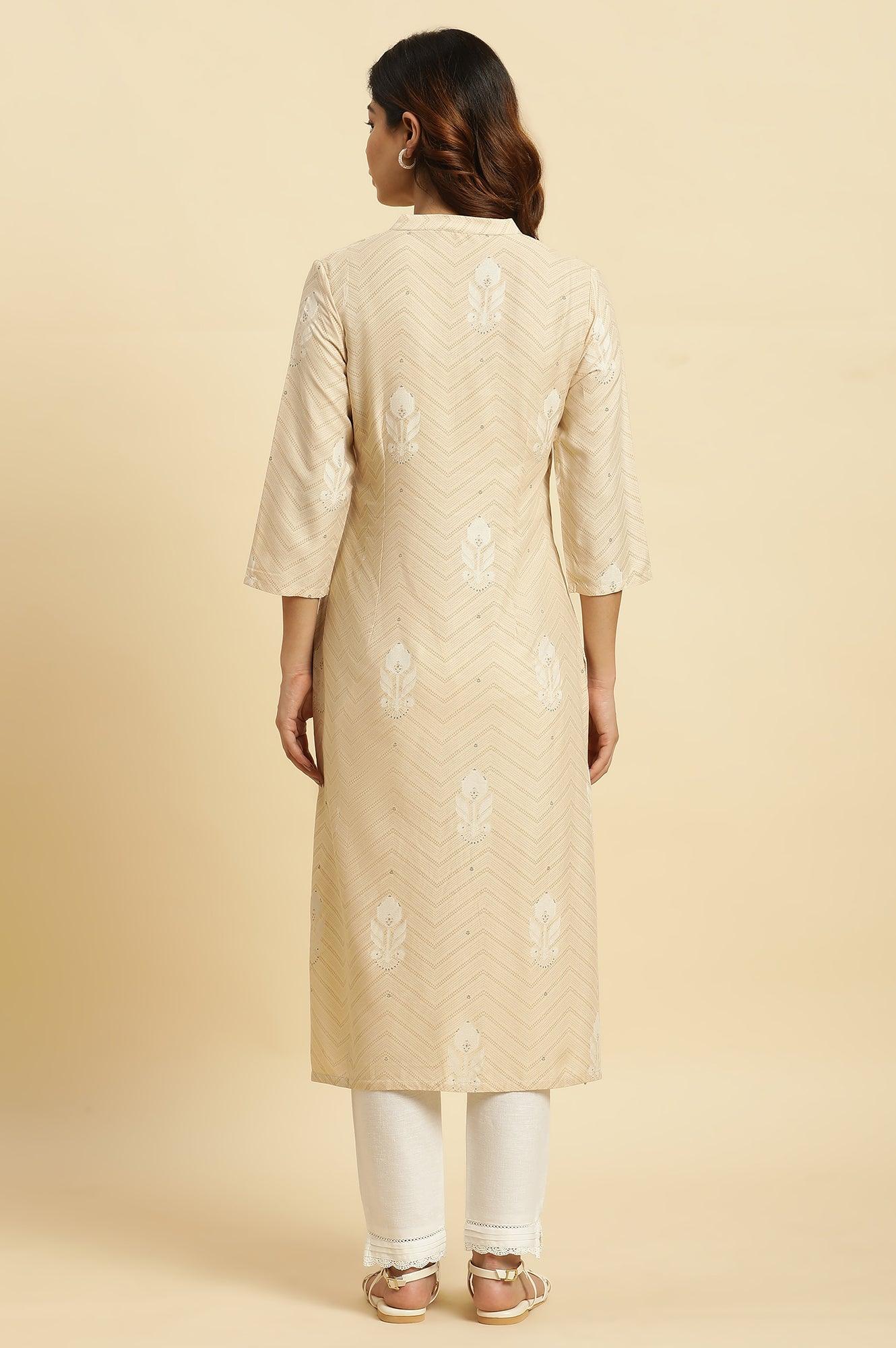 Beige Floral Printed A-Line Casual Kurta - wforwoman