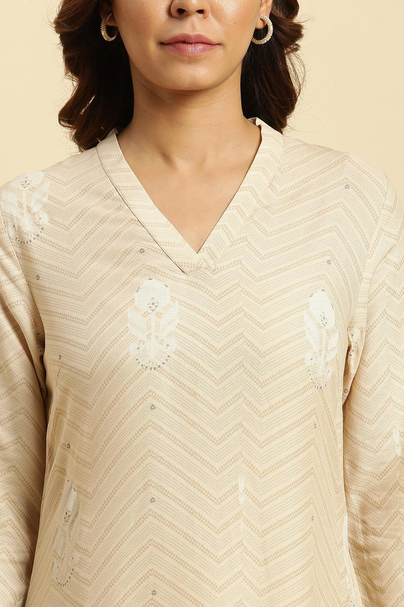 Beige Floral Printed A-Line Casual Kurta - wforwoman