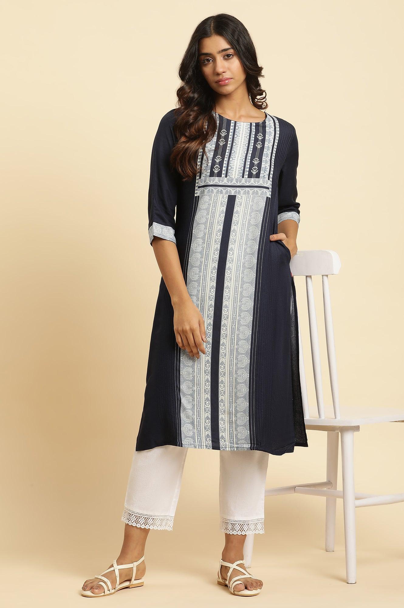 Blue Straight Kurta With Printed Front Panel - wforwoman