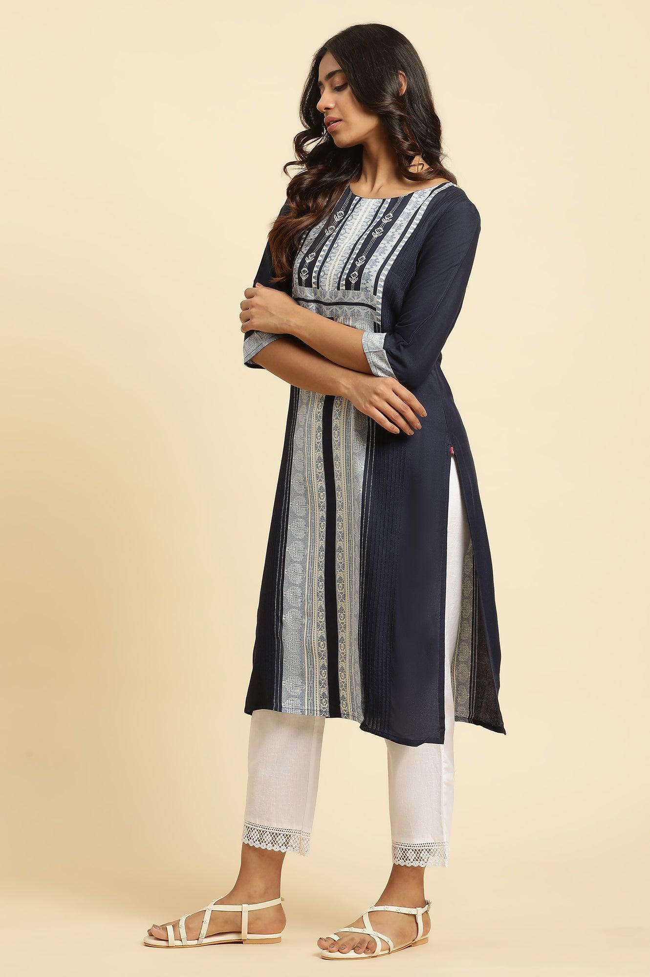 Blue Straight Kurta With Printed Front Panel - wforwoman