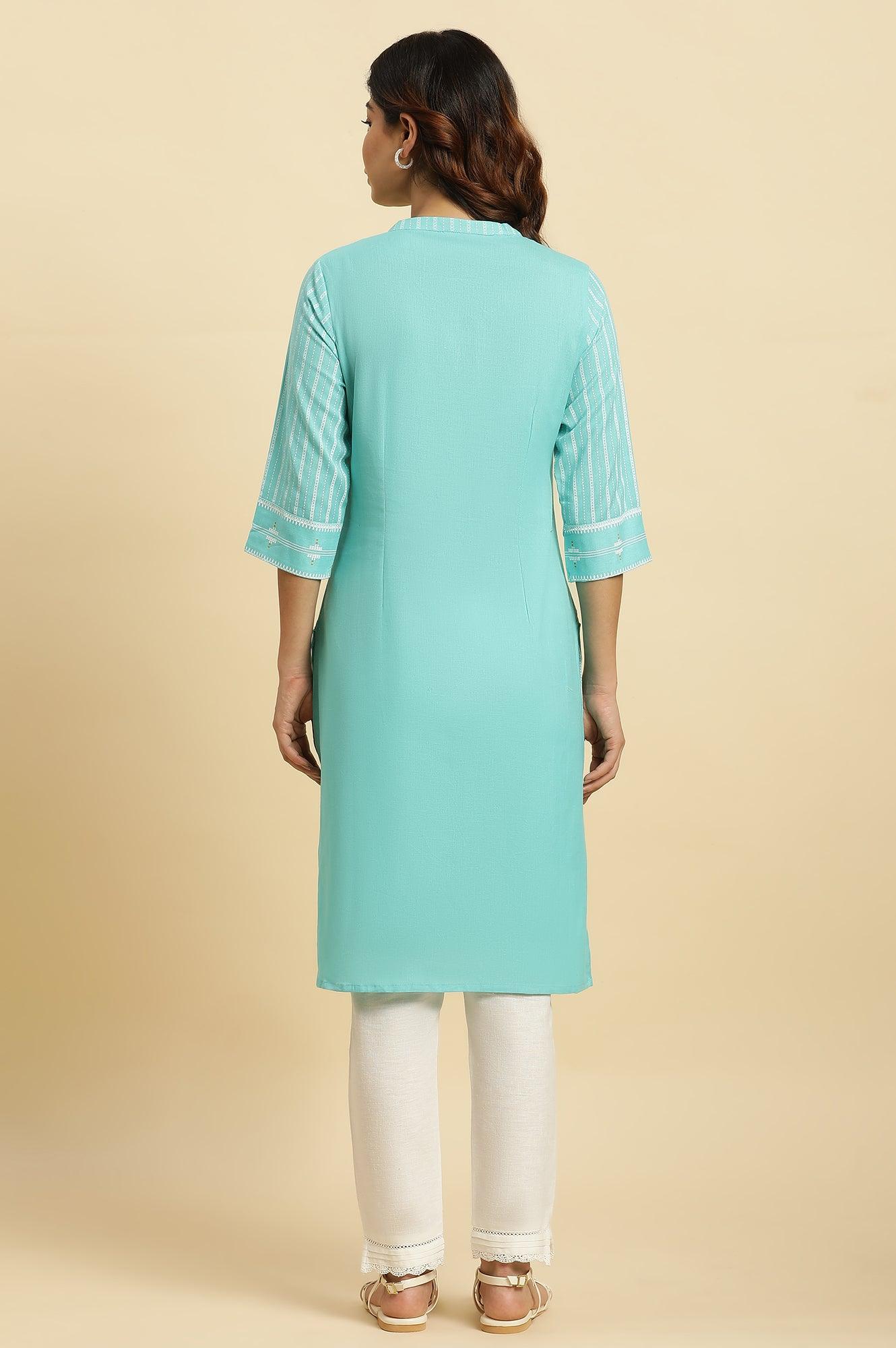 Blue Placement Printed Mandarin Collar Kurta - wforwoman