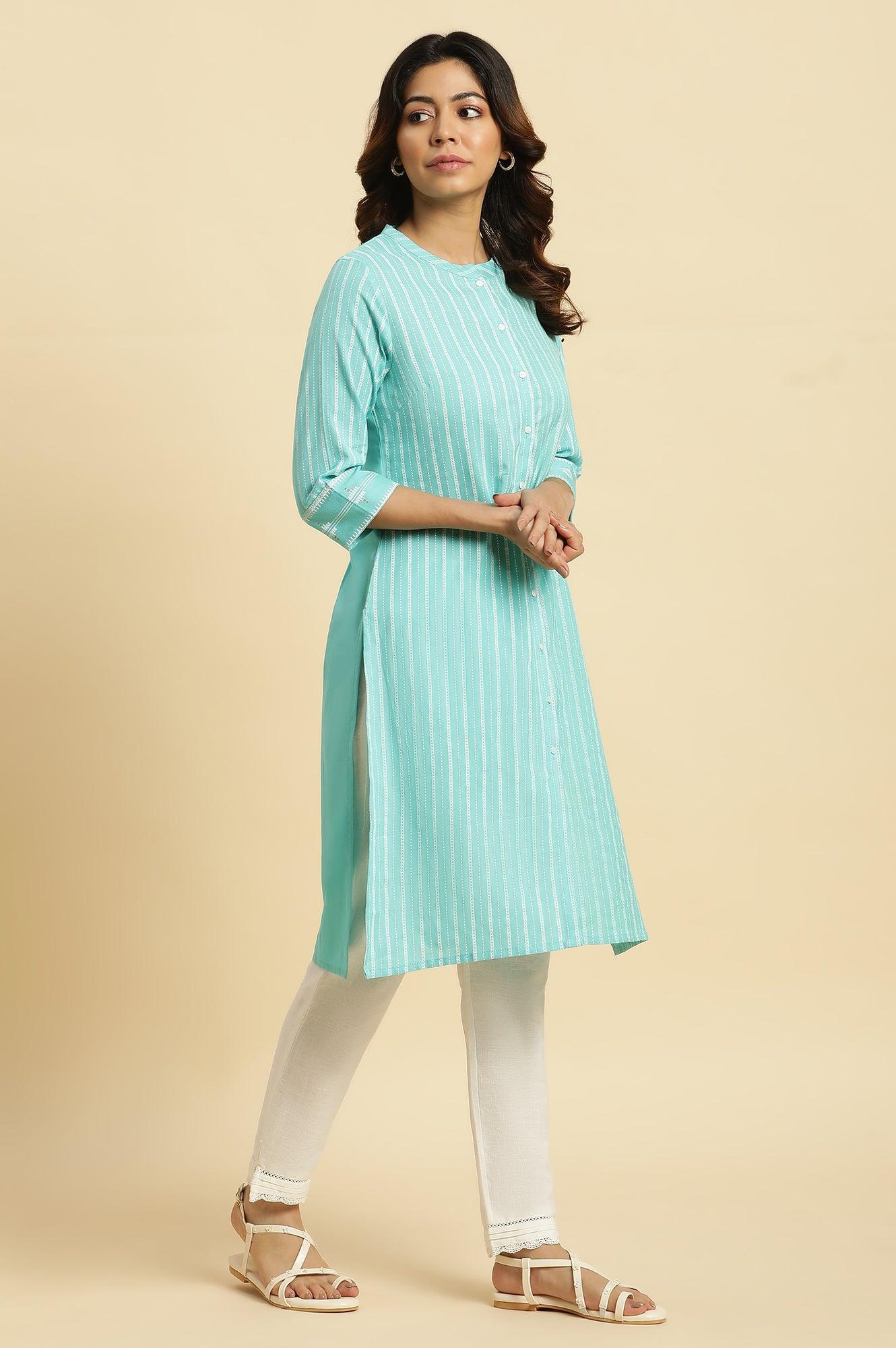 Blue Placement Printed Mandarin Collar Kurta - wforwoman