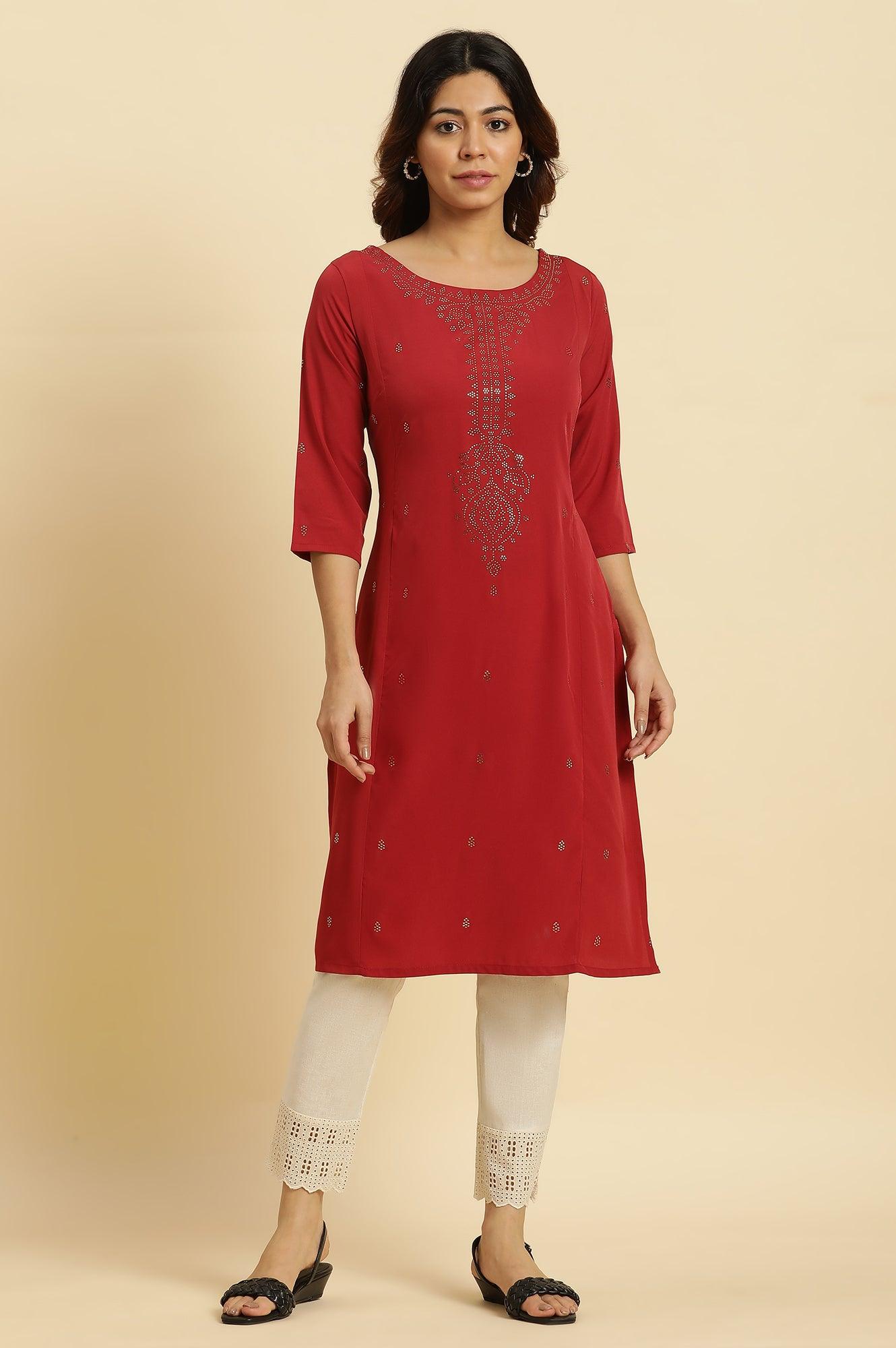 Red Mukaish Printed Festive Straight Kurta - wforwoman