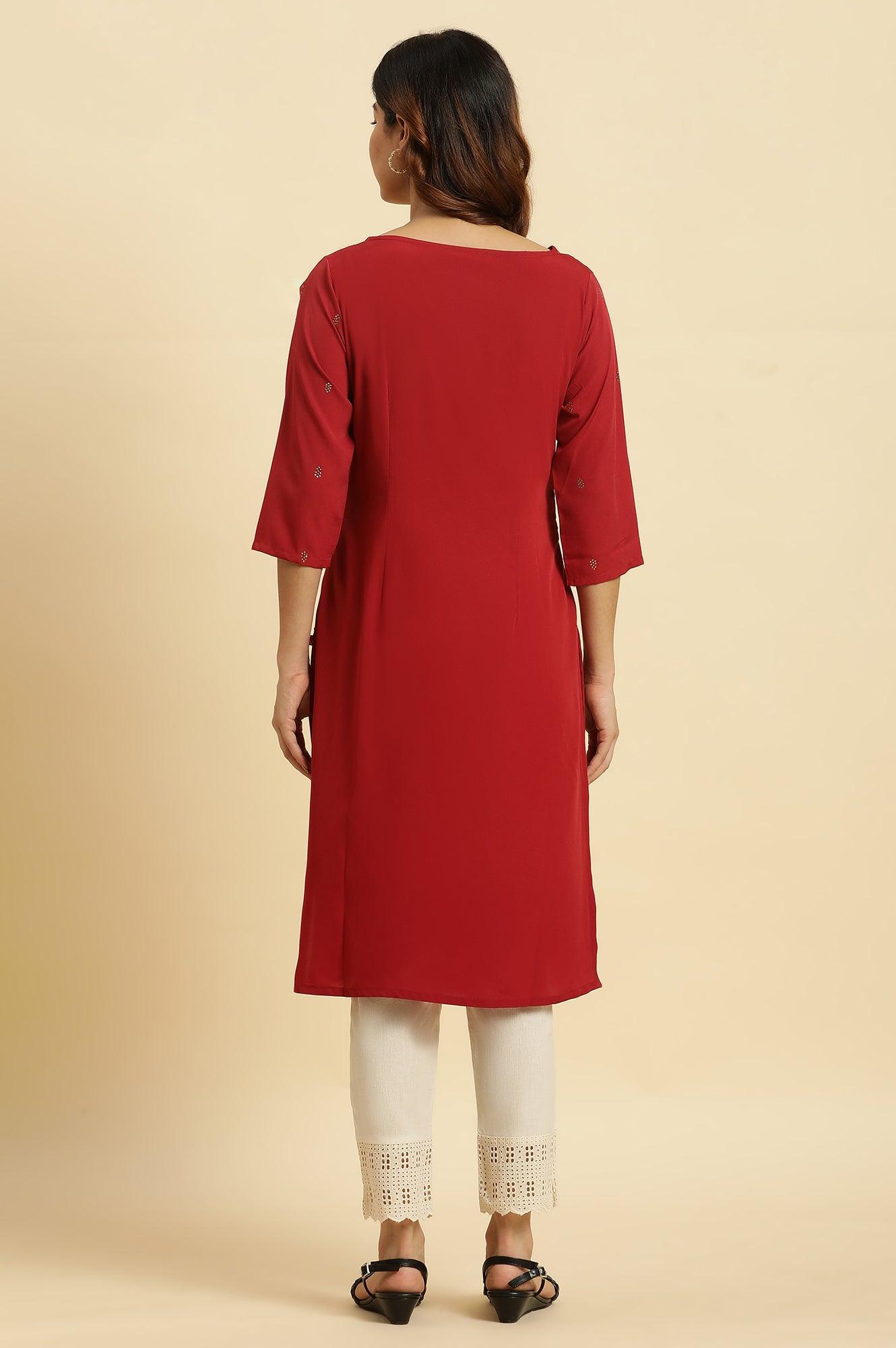 Red Mukaish Printed Festive Straight Kurta - wforwoman