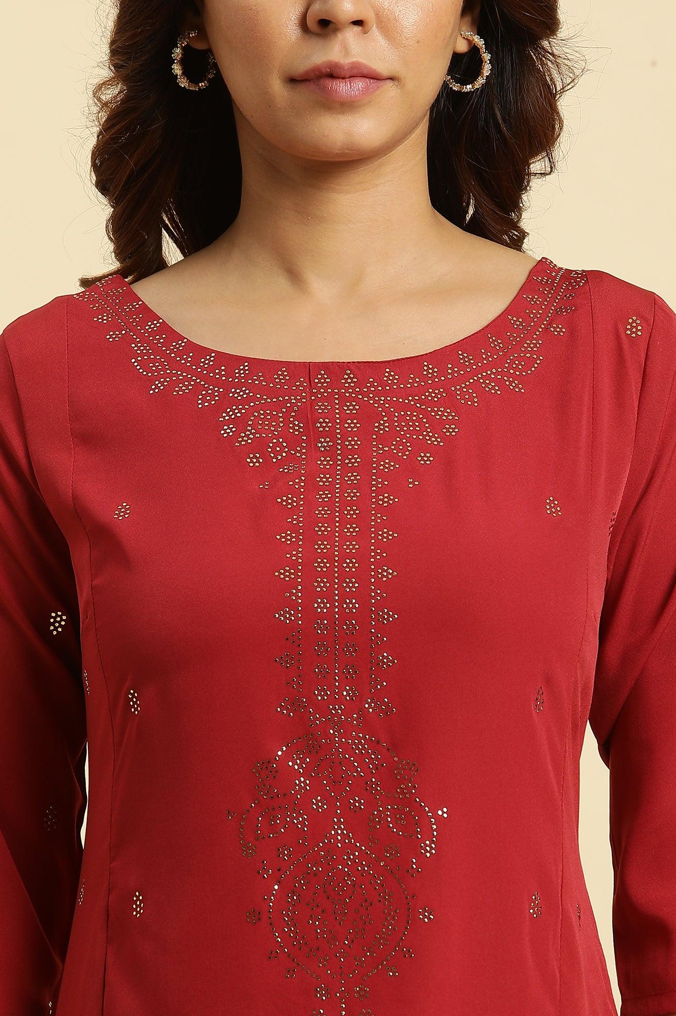 Red Mukaish Printed Festive Straight Kurta - wforwoman