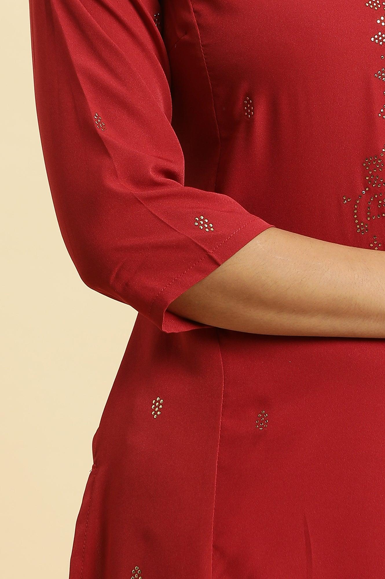 Red Mukaish Printed Festive Straight Kurta - wforwoman
