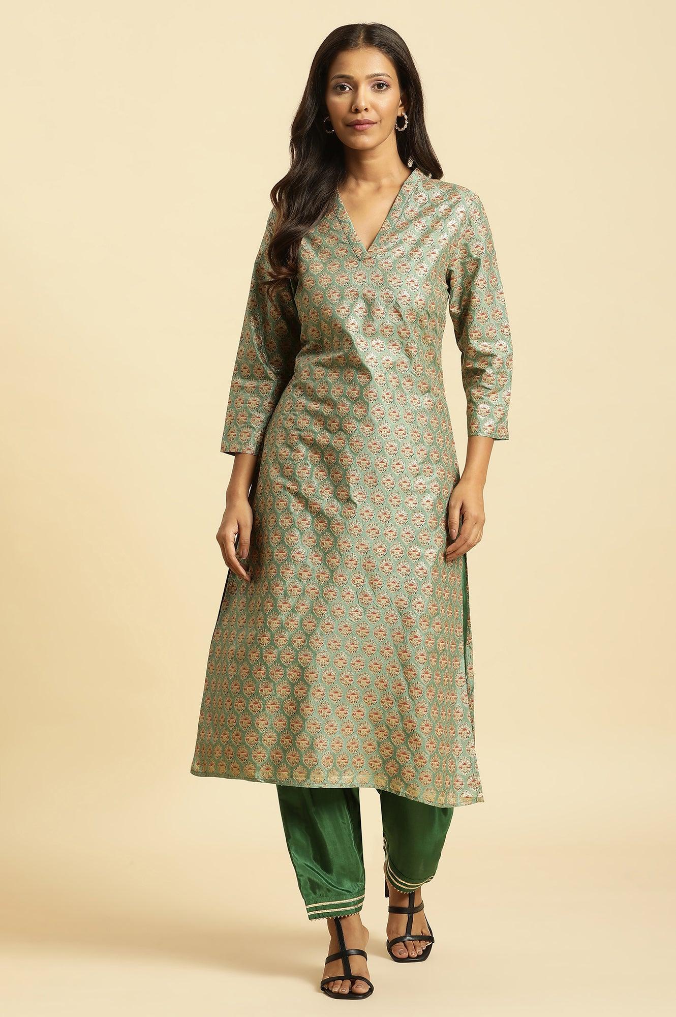 Green Glitter Printed V-Neck Kurta - wforwoman