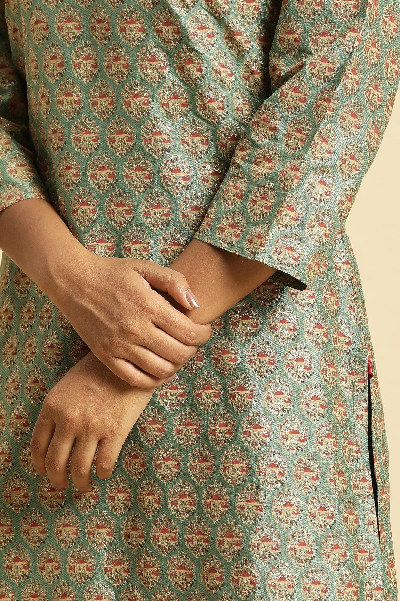 Green Glitter Printed V-Neck Kurta - wforwoman