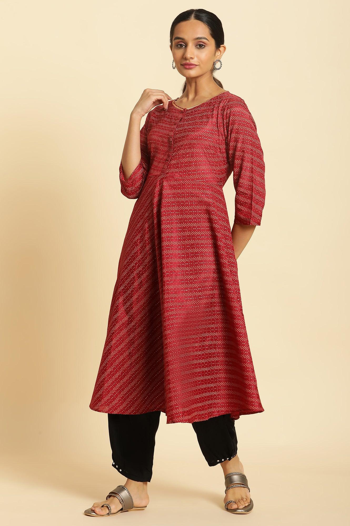 Dark Red Flared Sequined Printed Kurta - wforwoman