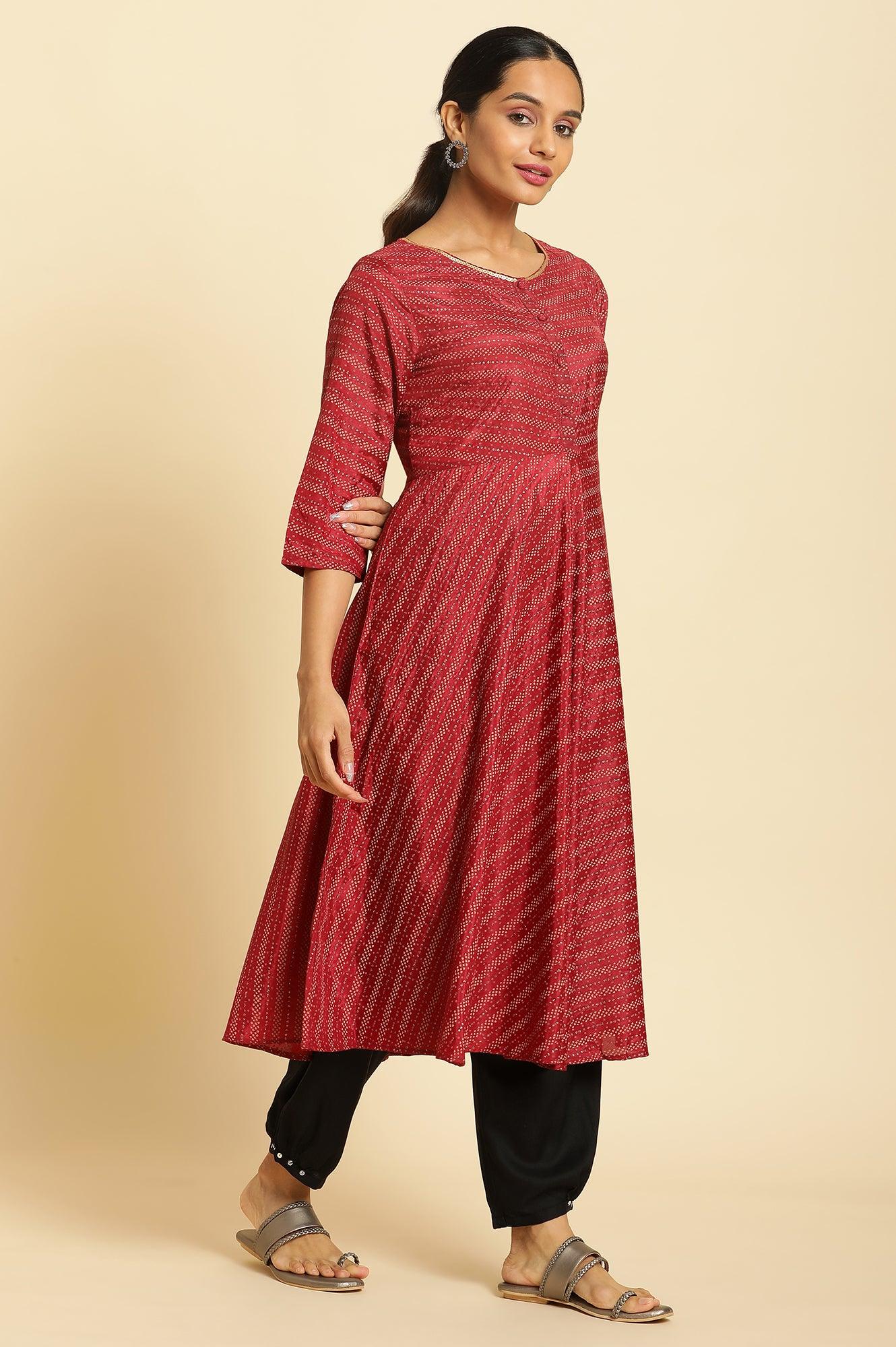 Dark Red Flared Sequined Printed Kurta - wforwoman