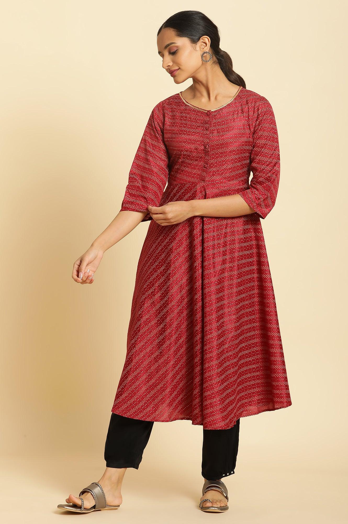 Dark Red Flared Sequined Printed Kurta - wforwoman