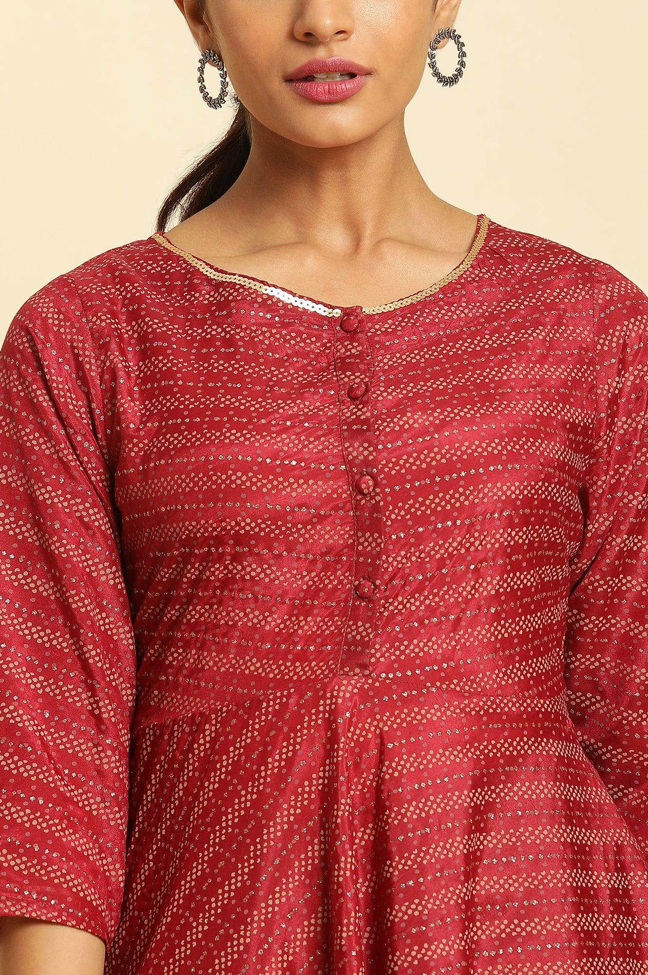 Dark Red Flared Sequined Printed Kurta - wforwoman