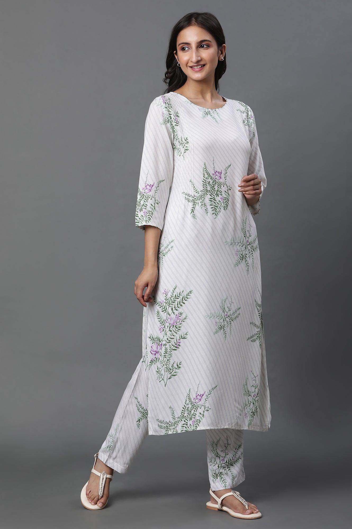 Ecru Straight Printed Kurta And Pants Set - wforwoman