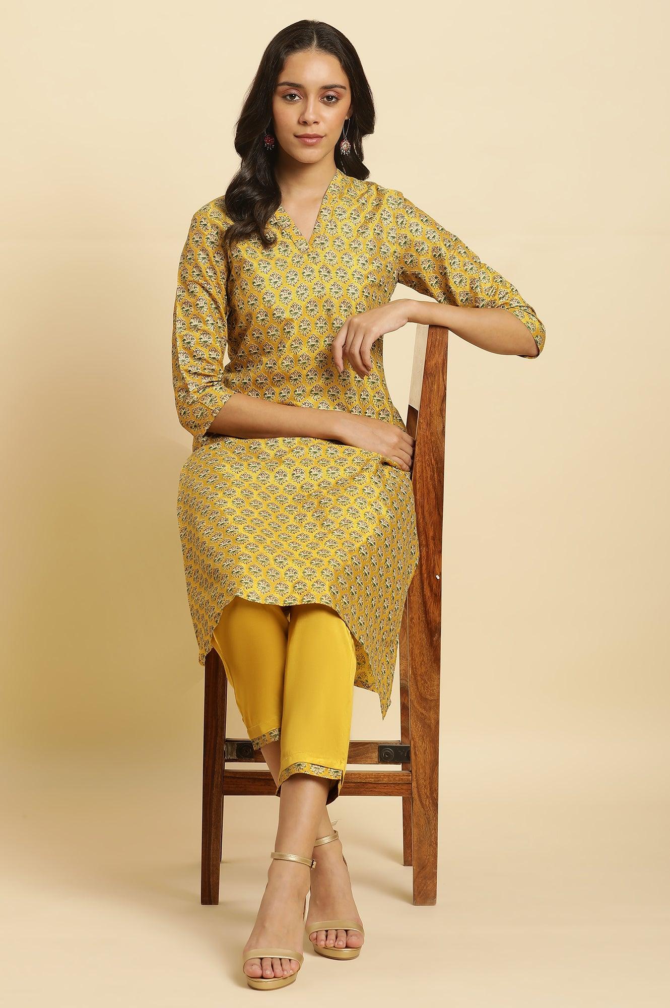 MIMOSA Women's Mustard Yellow Printed Straight Kurta - Round Neck, 3/4 Sleeves, Calf Length - View #11