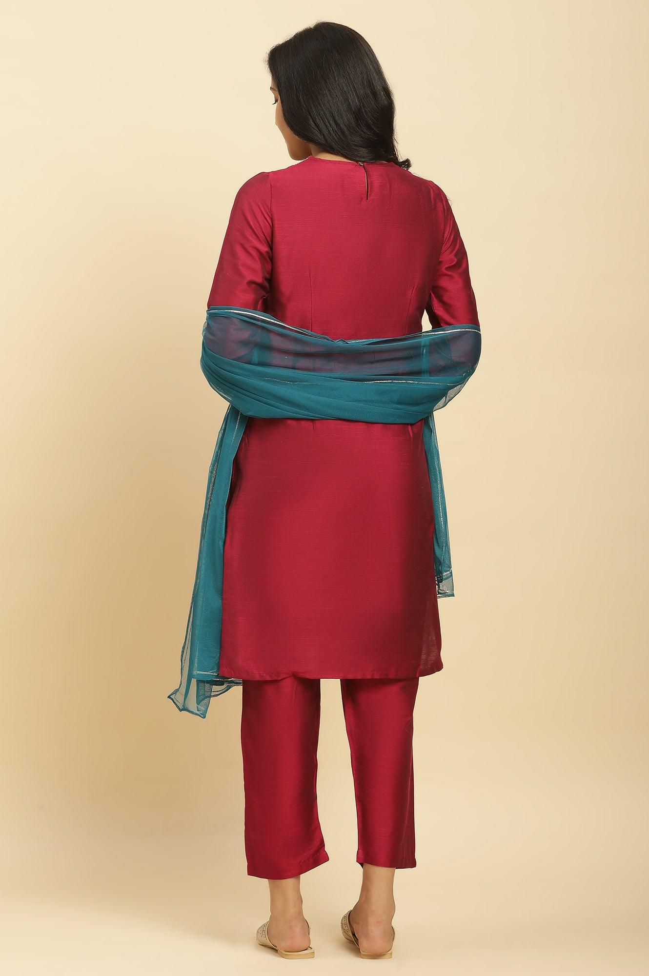 Red Dori Embroidered Festive Kurta, Pants And Dupatta Set - wforwoman