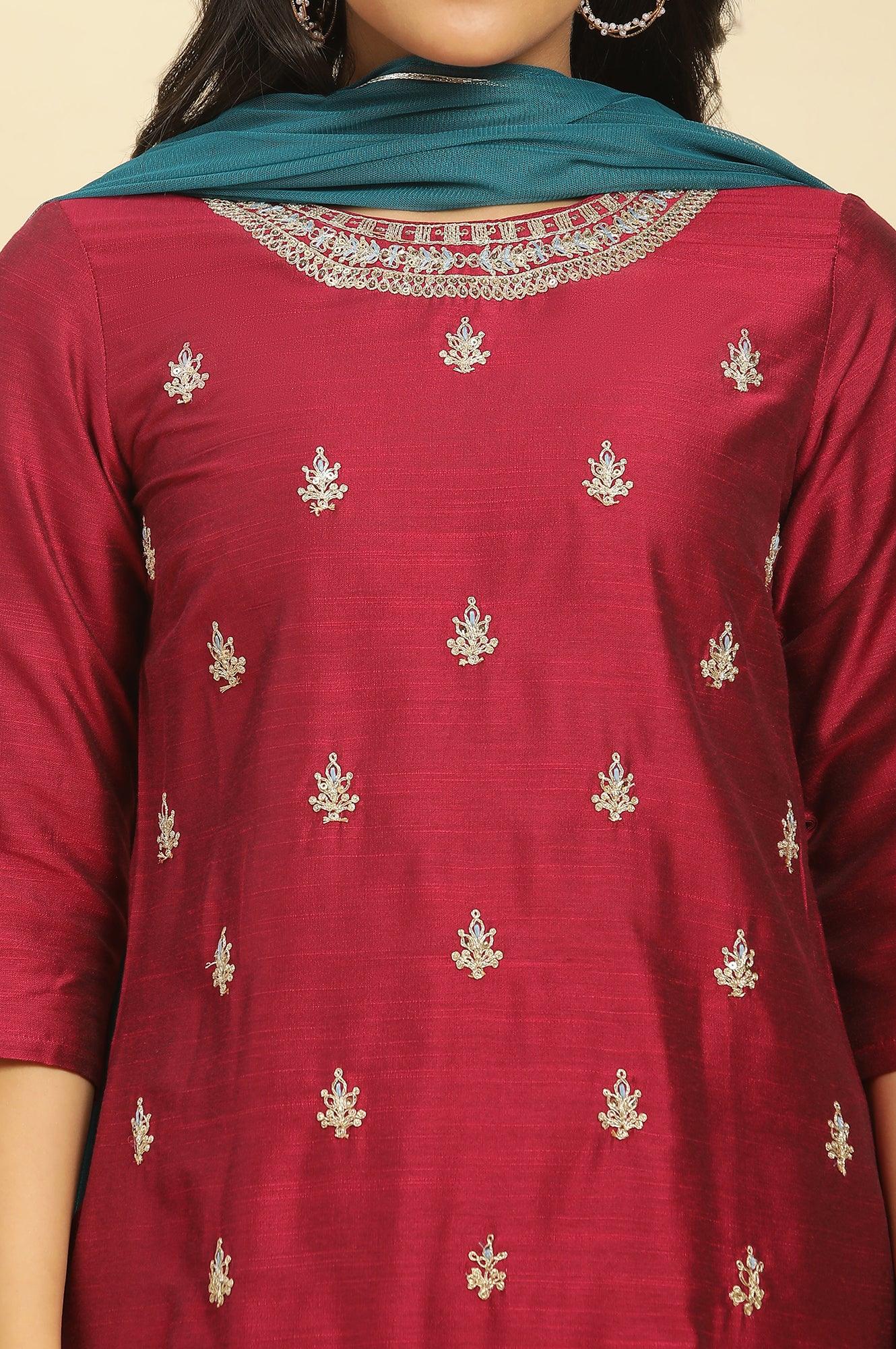 Red Dori Embroidered Festive Kurta, Pants And Dupatta Set - wforwoman