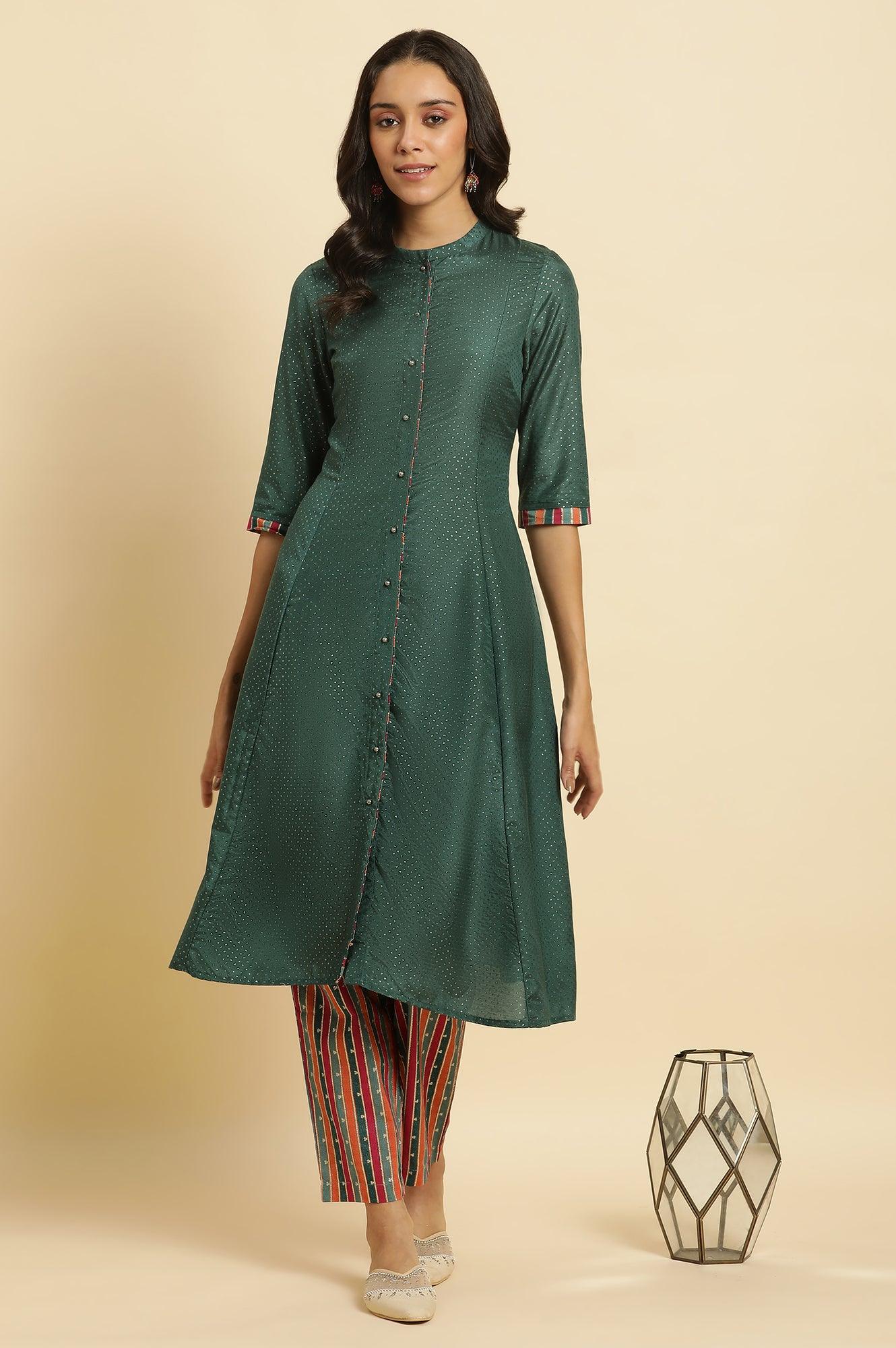 Green Embellished Button Down Kurta And Pants Set - wforwoman