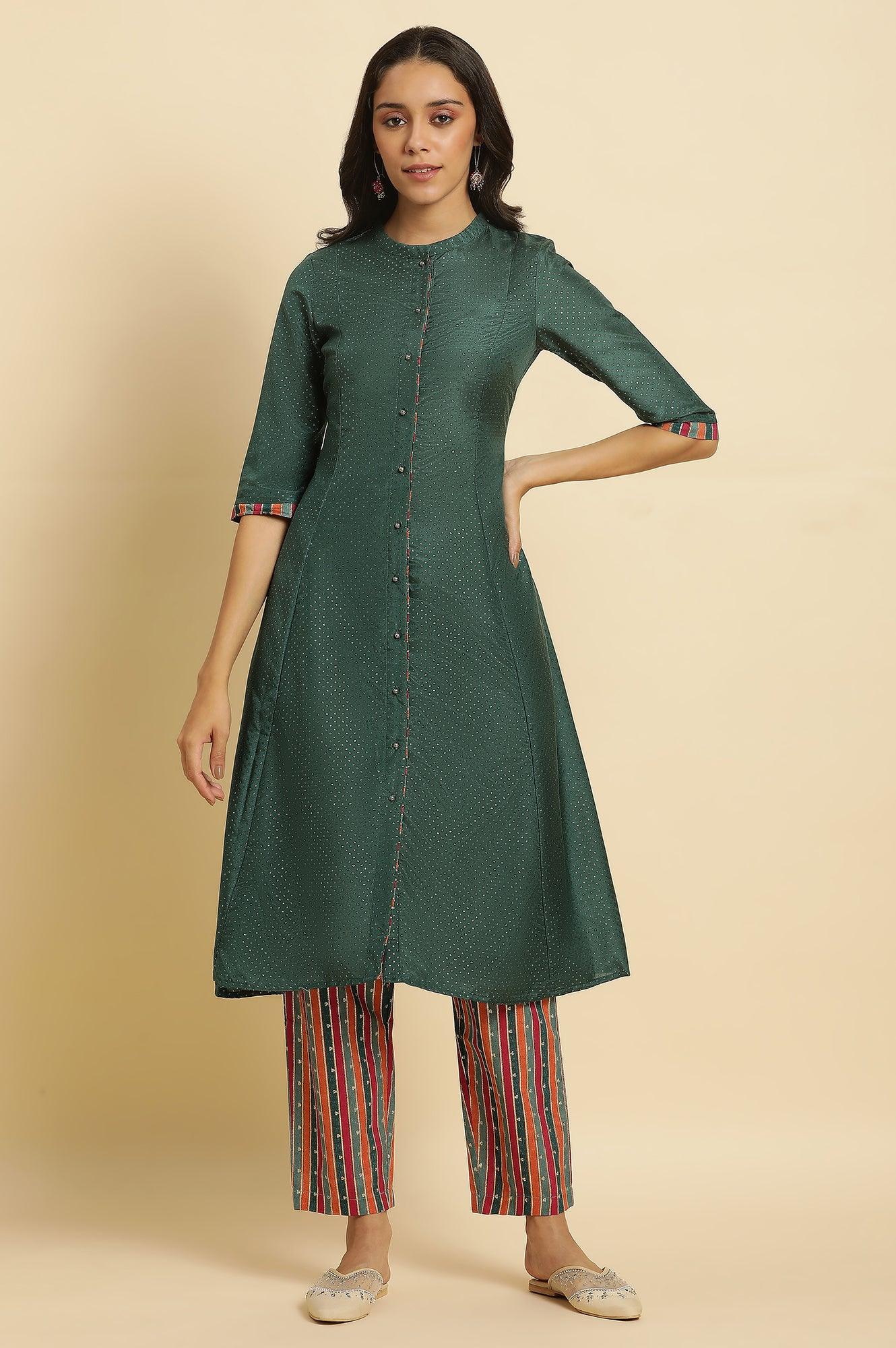 Green Embellished Button Down Kurta And Pants Set - wforwoman