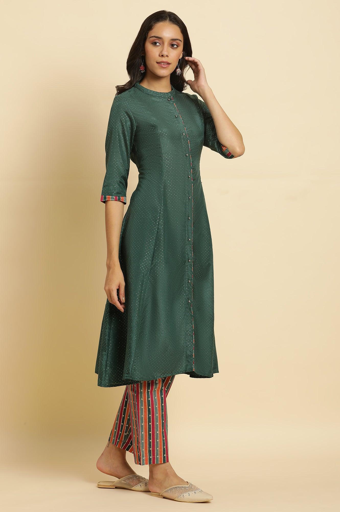 Green Embellished Button Down Kurta And Pants Set - wforwoman