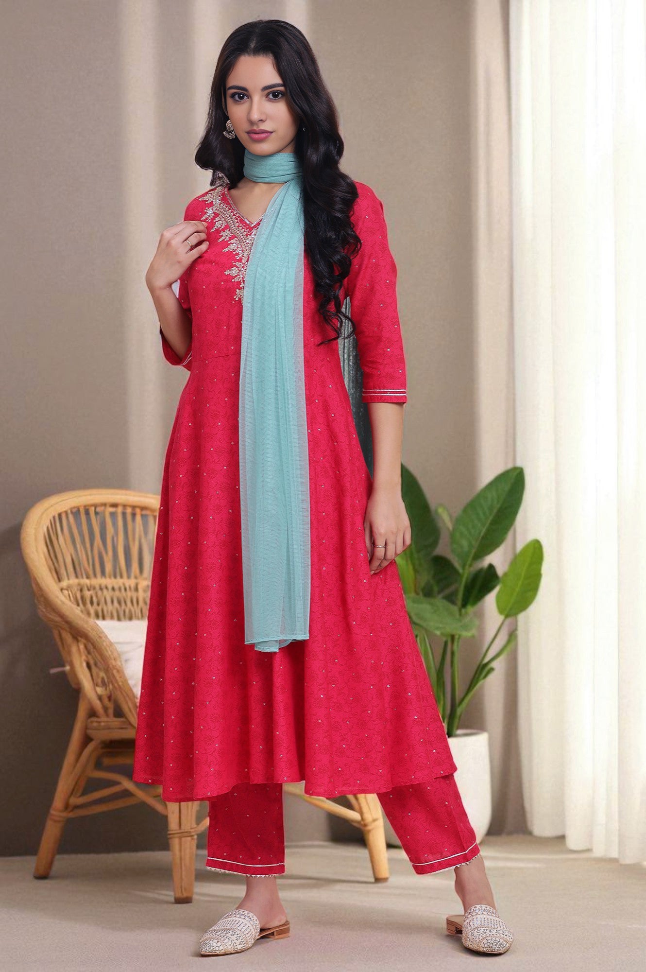 Pink Metallic Embroidered A-Line Kurta, Pants And Dupatta Set