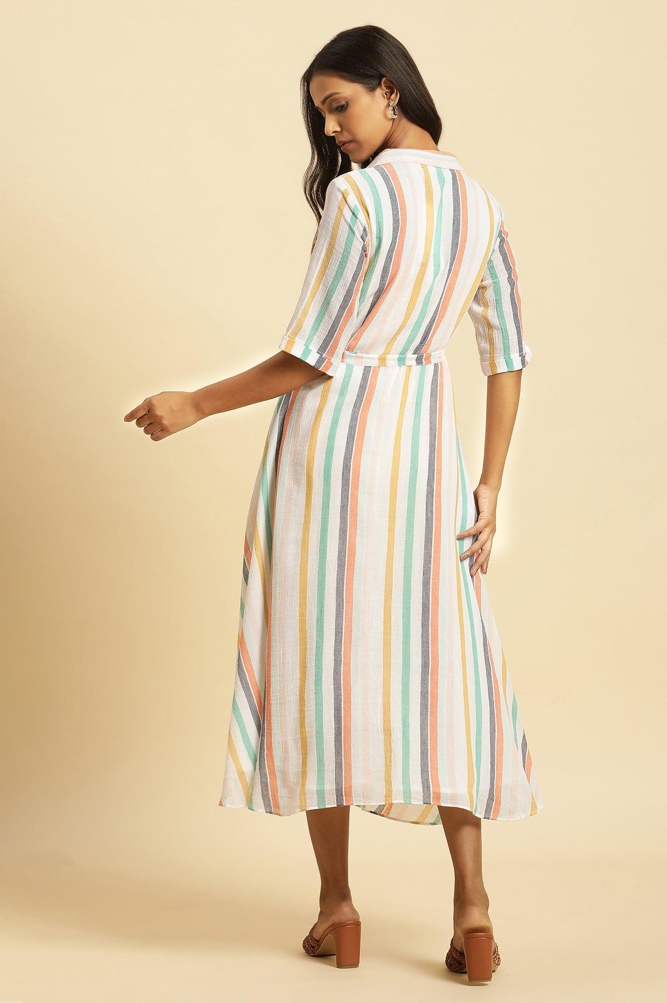 Ecru Flared Dress With Belt In Multi-Coloured Stripe Print - wforwoman