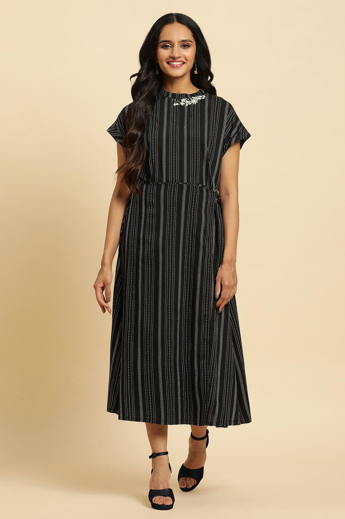 Black Embroidered Neck Stripe Western Dress - wforwoman