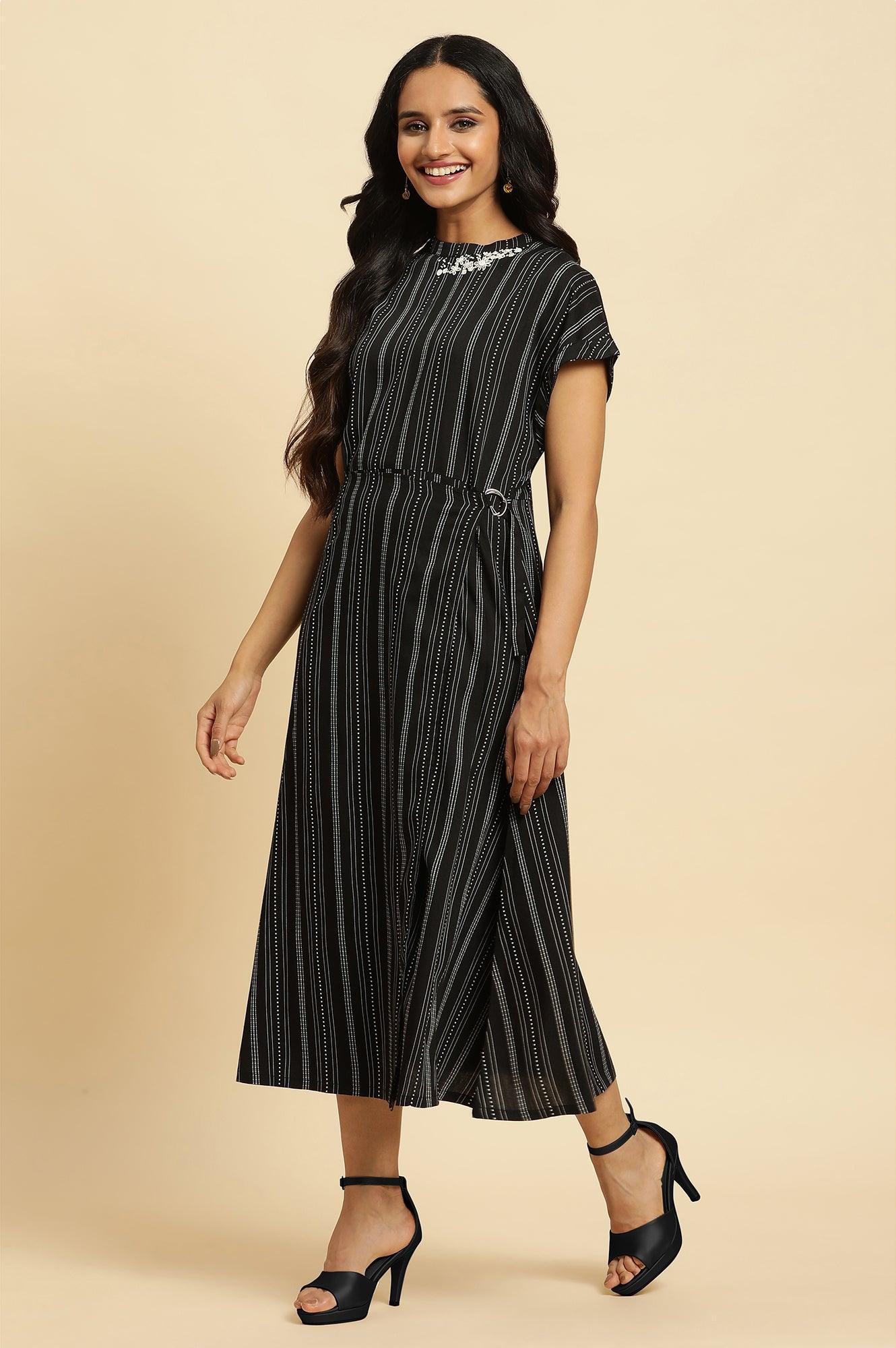 Black Embroidered Neck Stripe Western Dress - wforwoman