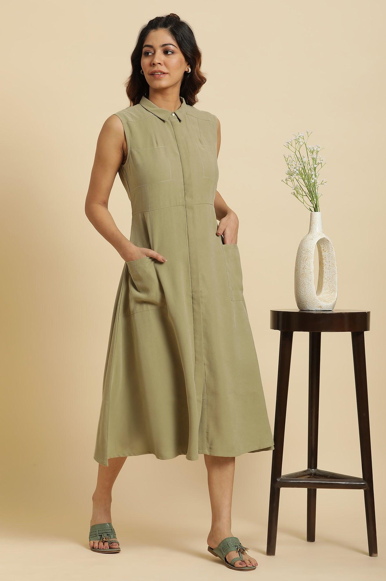 Buy Green Solid A-Line Tailored Long Dress Online for Woman | WforWoman Buy Green Solid A-Line Tailored Long Dress Online for Woman | WforWoman