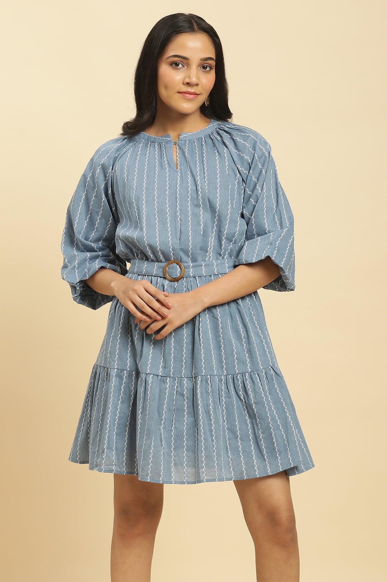 Blue Yarn Dyed Tiered Western Dress With Belt - wforwoman