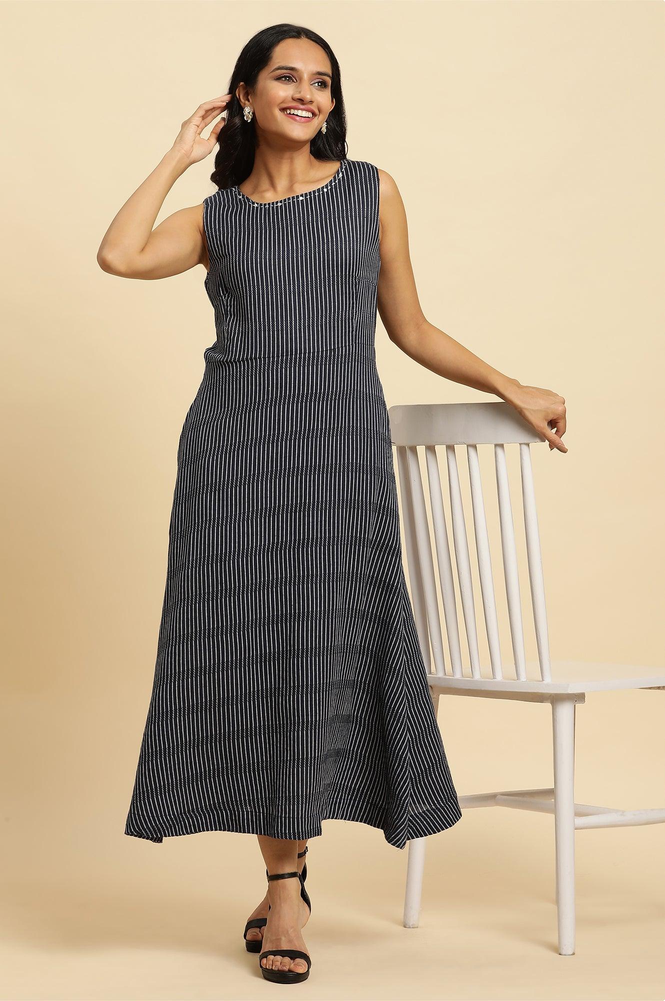 Buy Navy Stripes Fit And Flare Dress With Embroidered Neck Online for Woman | WforWoman Buy Navy Stripes Fit And Flare Dress With Embroidered Neck Online for Woman | WforWoman