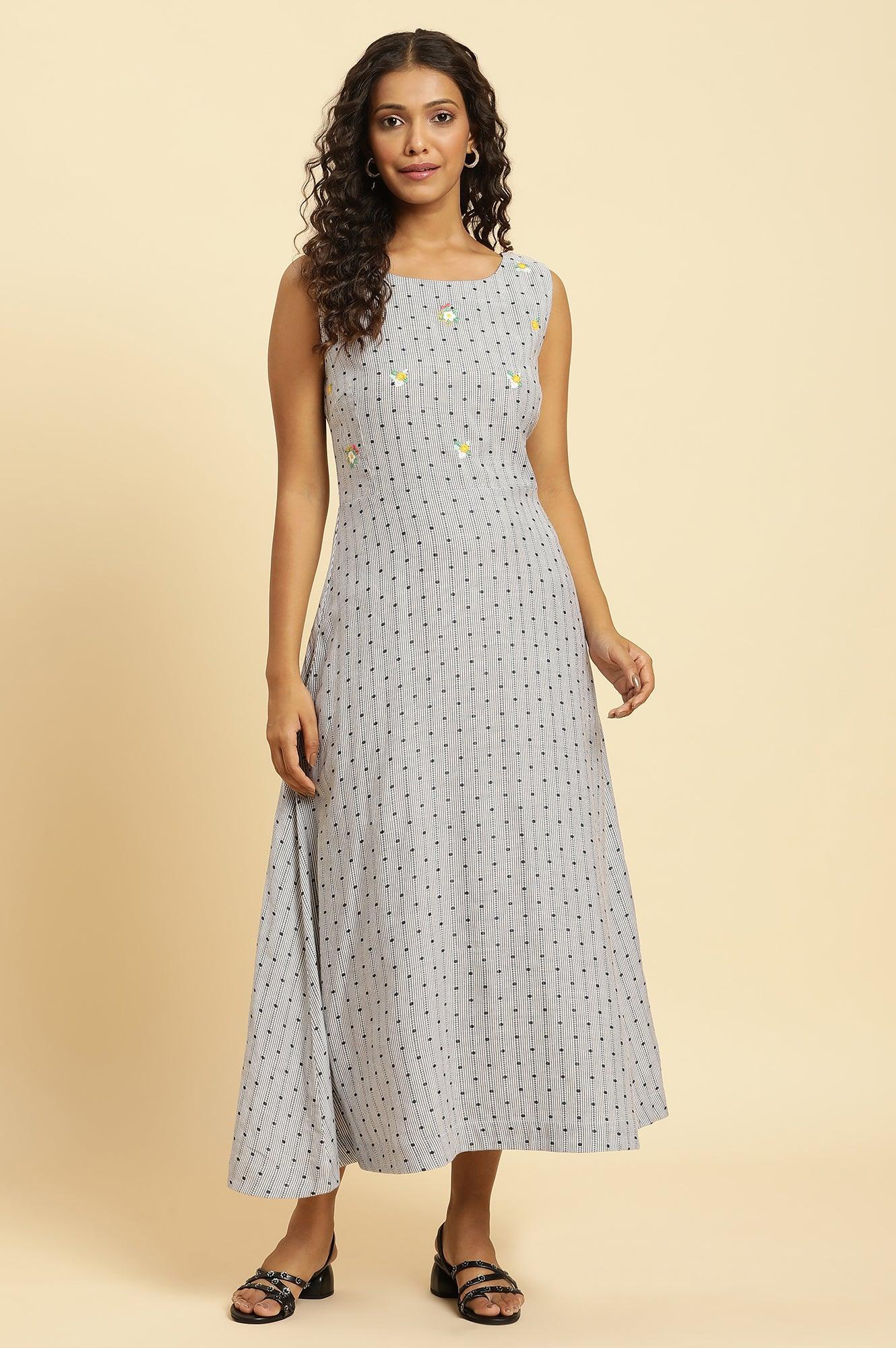 Blue Sleeveless Embroidered Western Dress - wforwoman