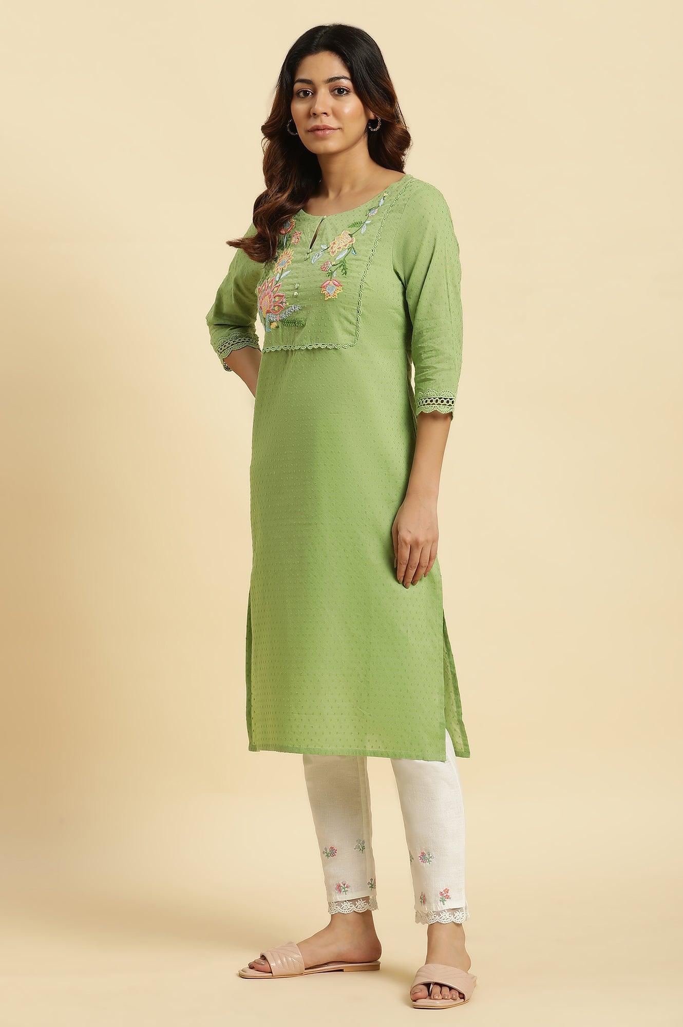 Green Floral Embroidered Cotton Kurta - wforwoman