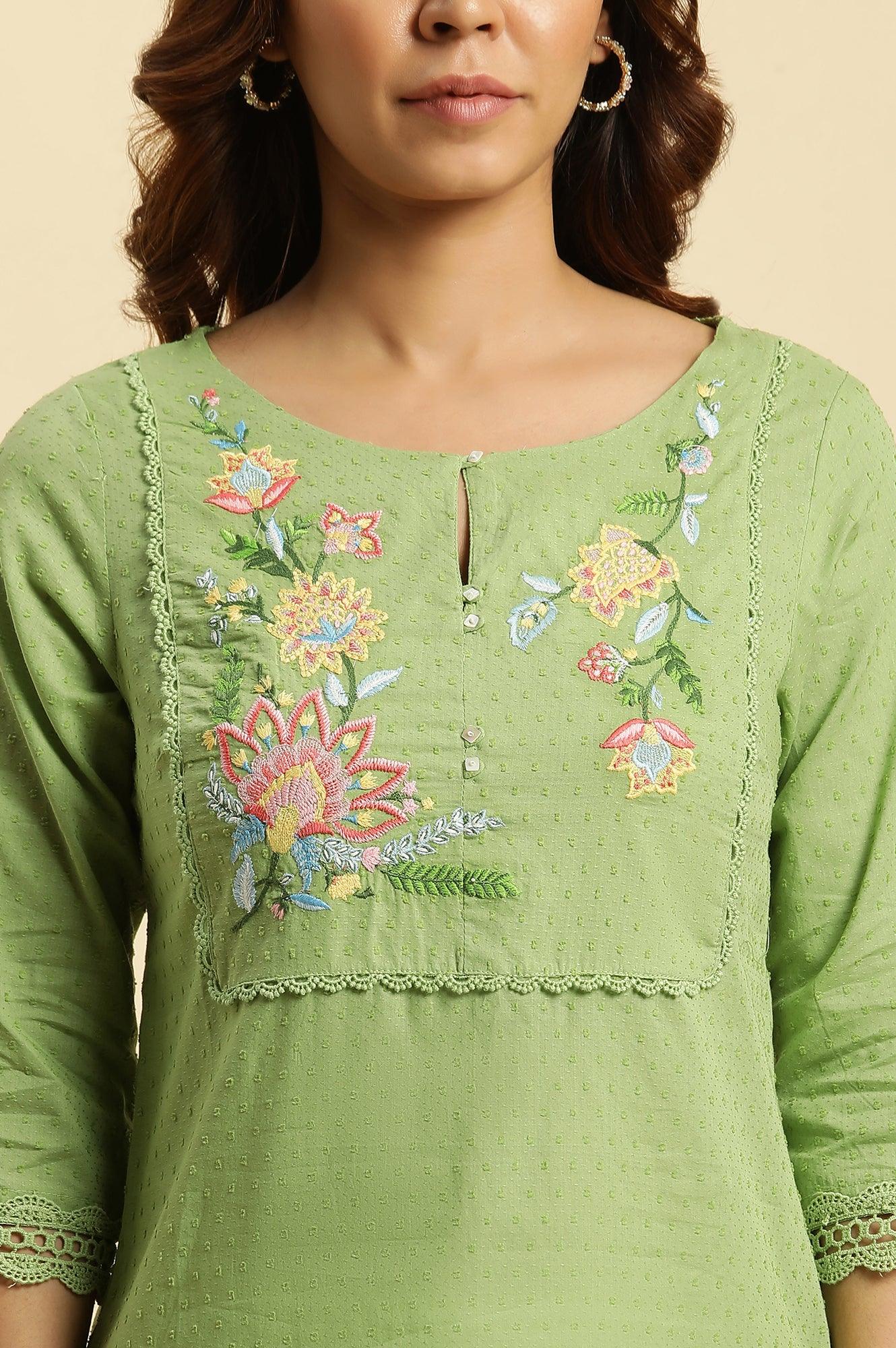 Green Floral Embroidered Cotton Kurta - wforwoman