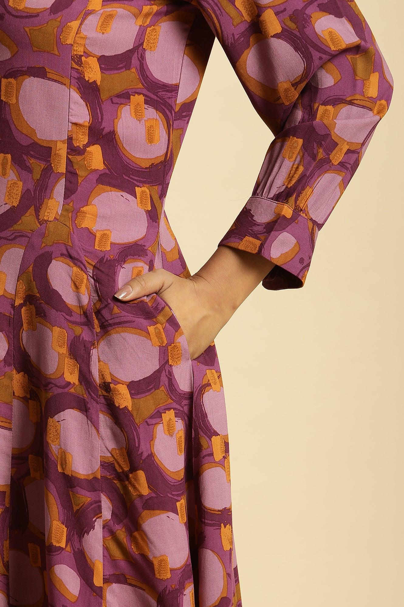 Purple Abstract Printed A-Line Western Dress - wforwoman