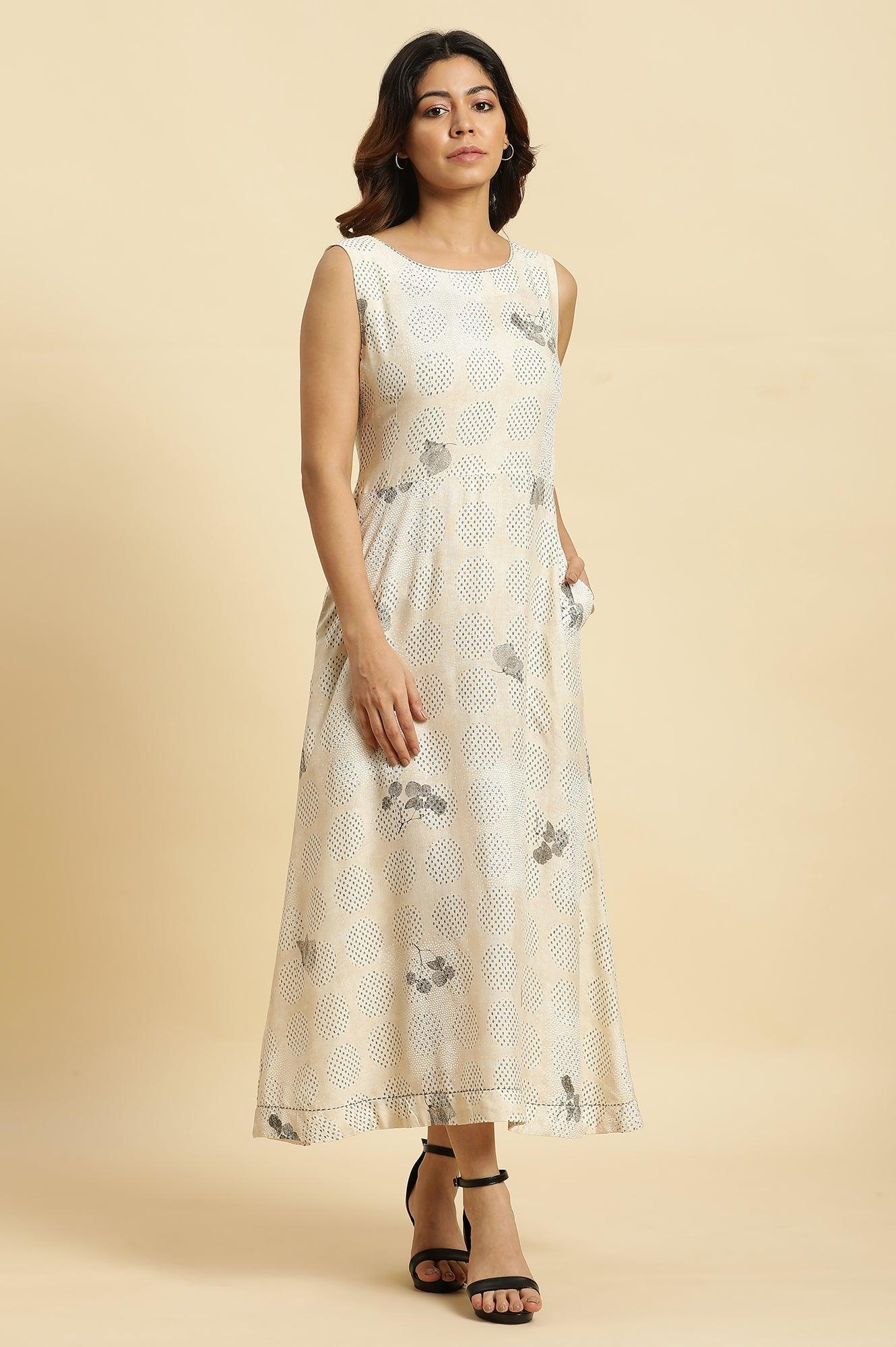 Ecru Sleeveless Western Long Dress - wforwoman