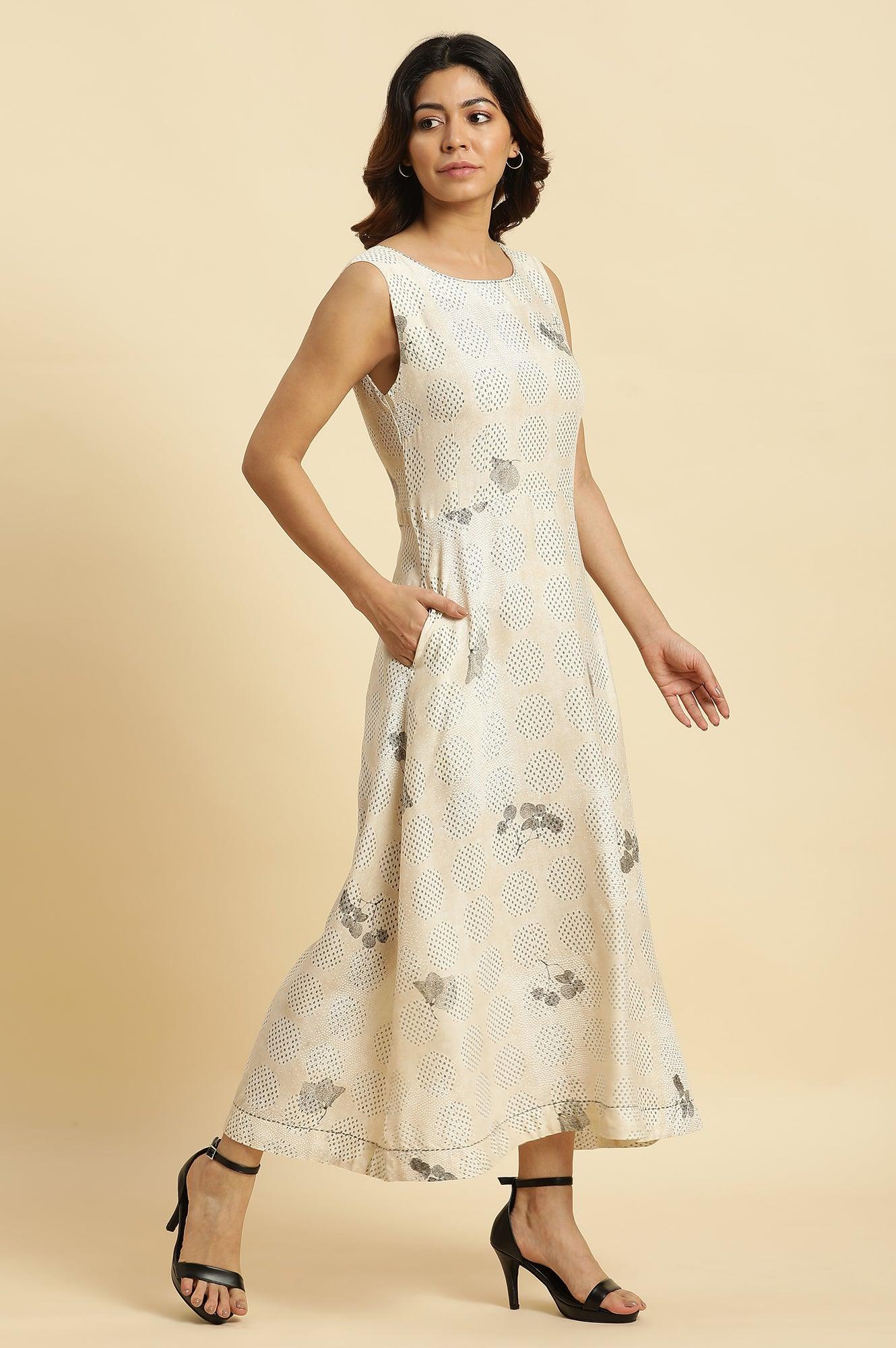 Ecru Sleeveless Western Long Dress - wforwoman