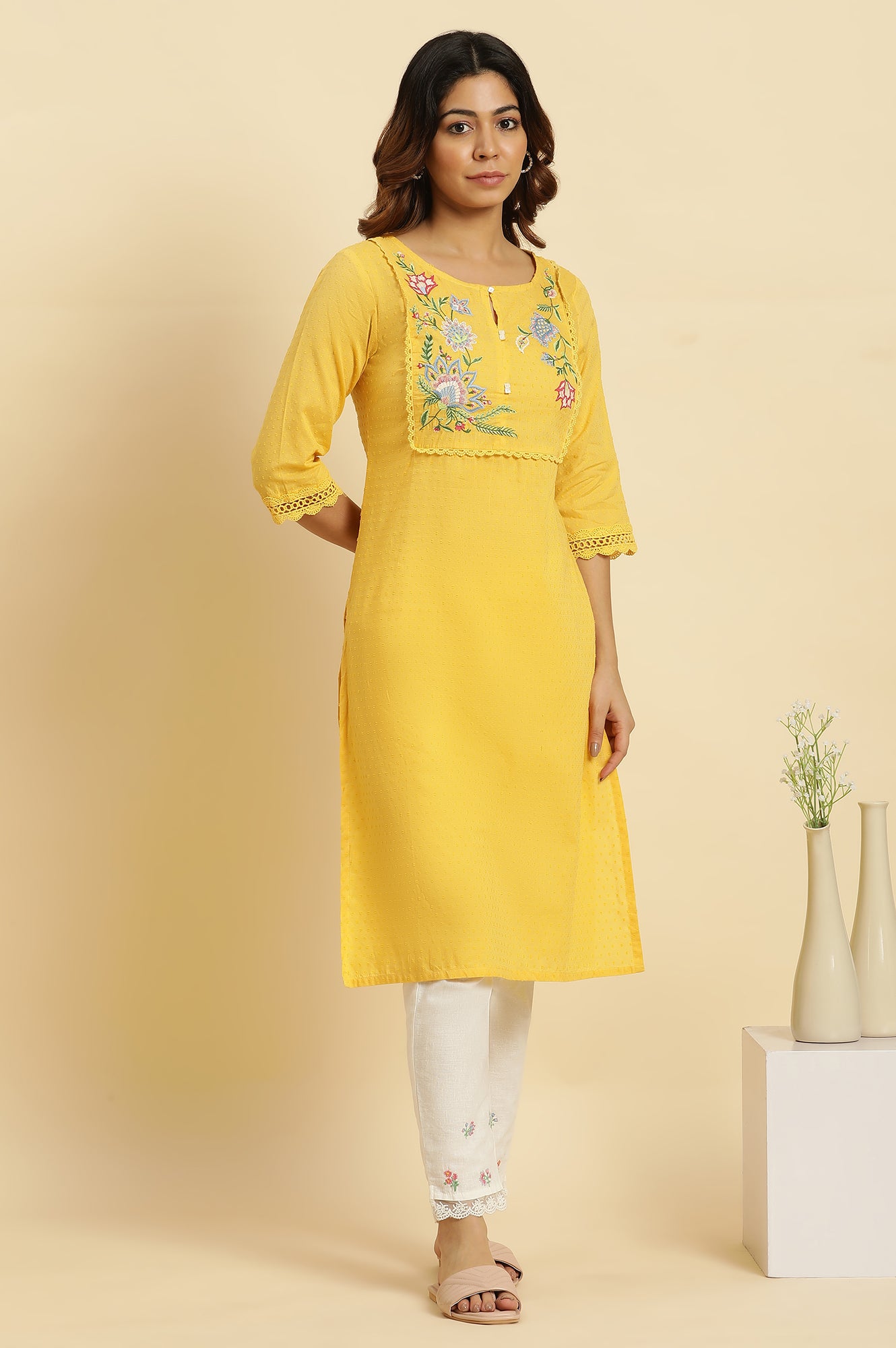 Yellow Cotton Swiss Dot Embroidered Kurta - wforwoman