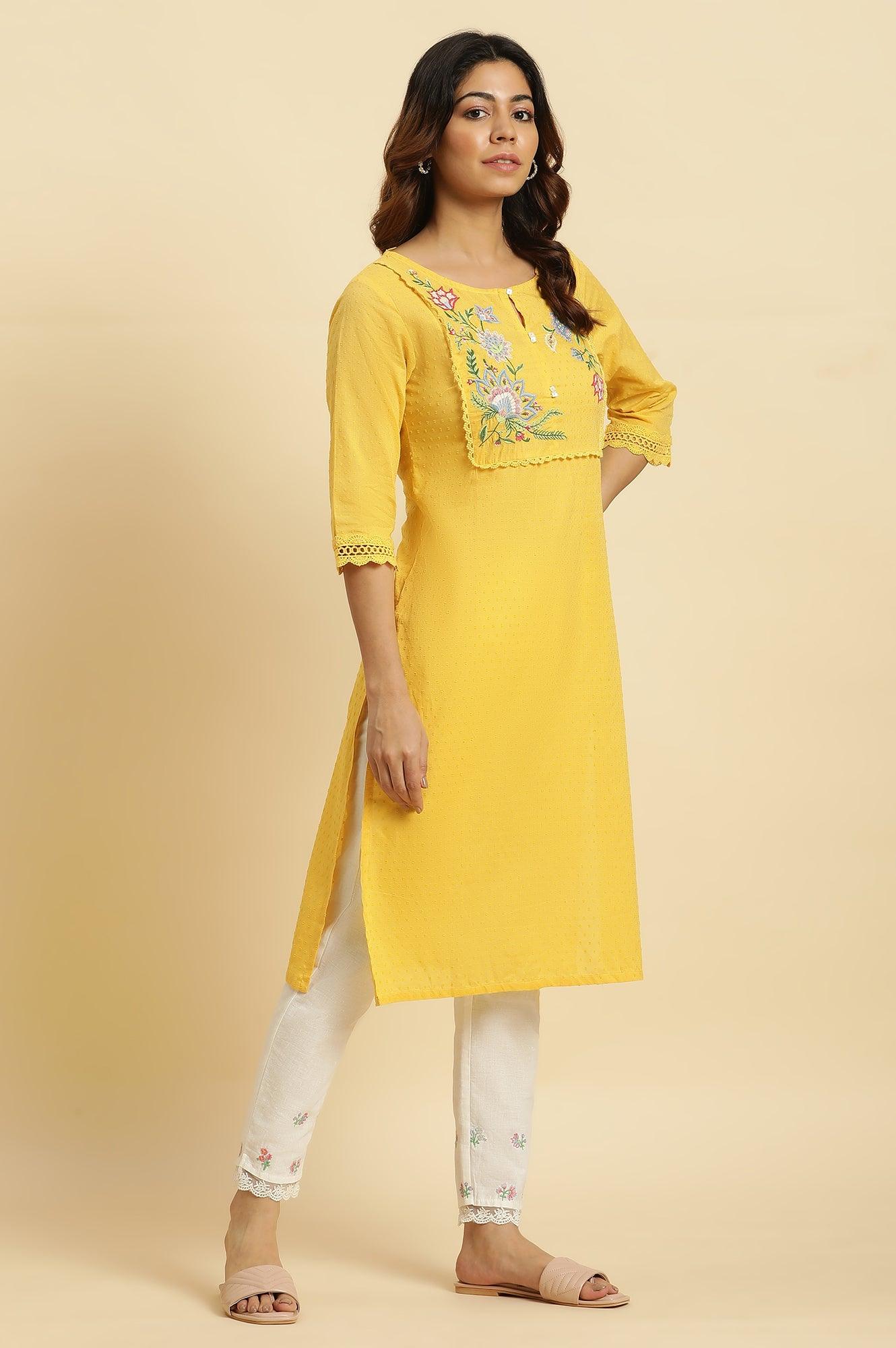Yellow Cotton Swiss Dot Embroidered Kurta - wforwoman