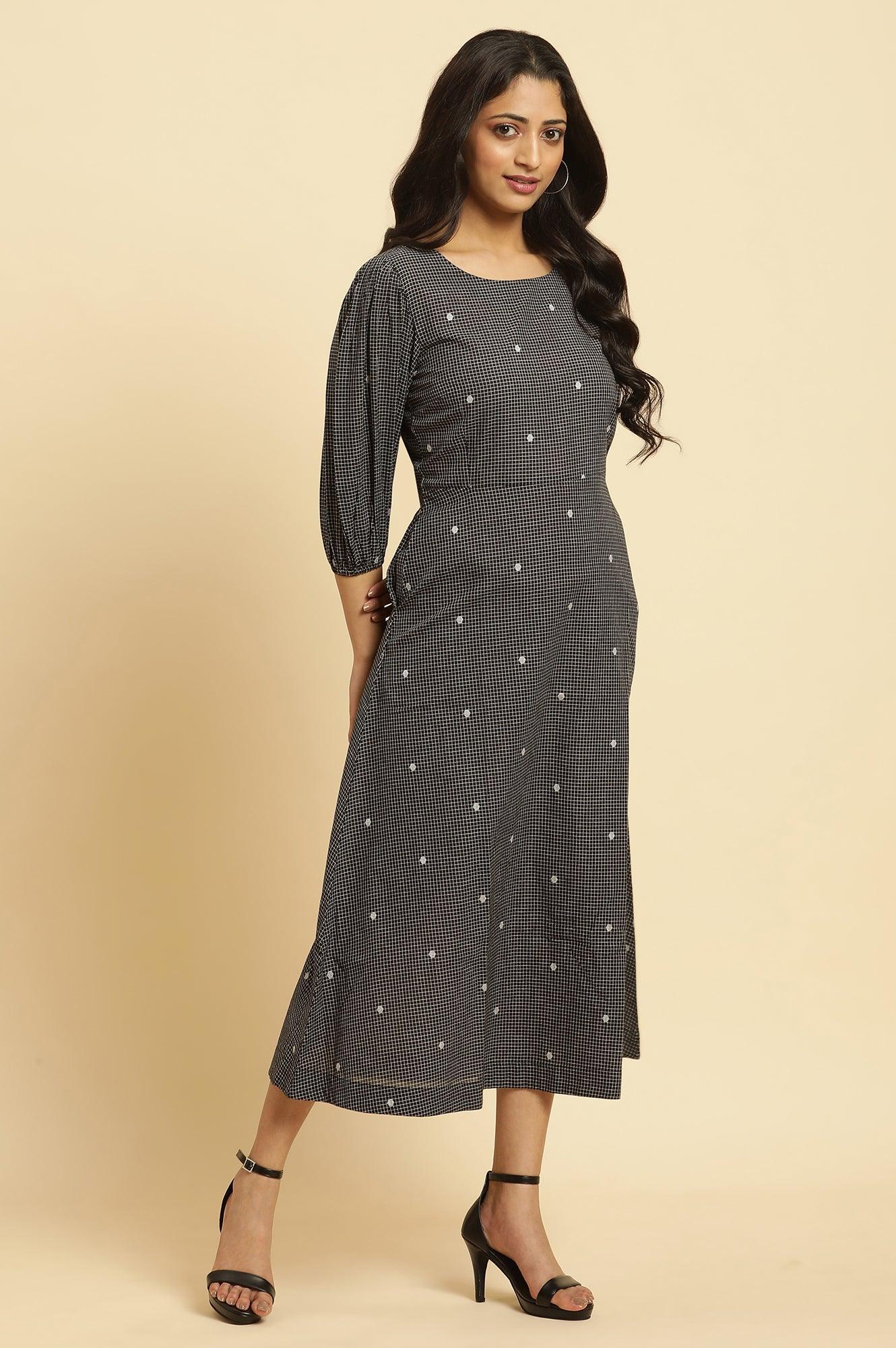 Black Polka Dot Printed Western Dress With Puff Sleeves - wforwoman