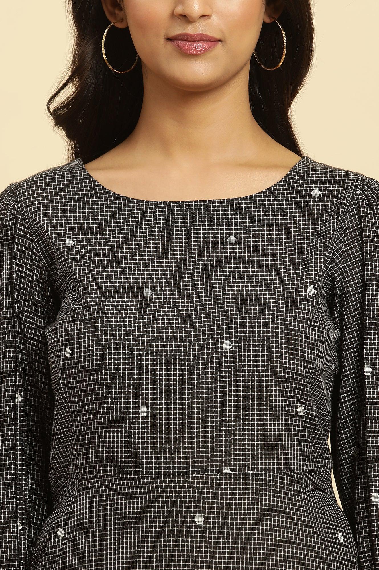 Black Polka Dot Printed Western Dress With Puff Sleeves - wforwoman