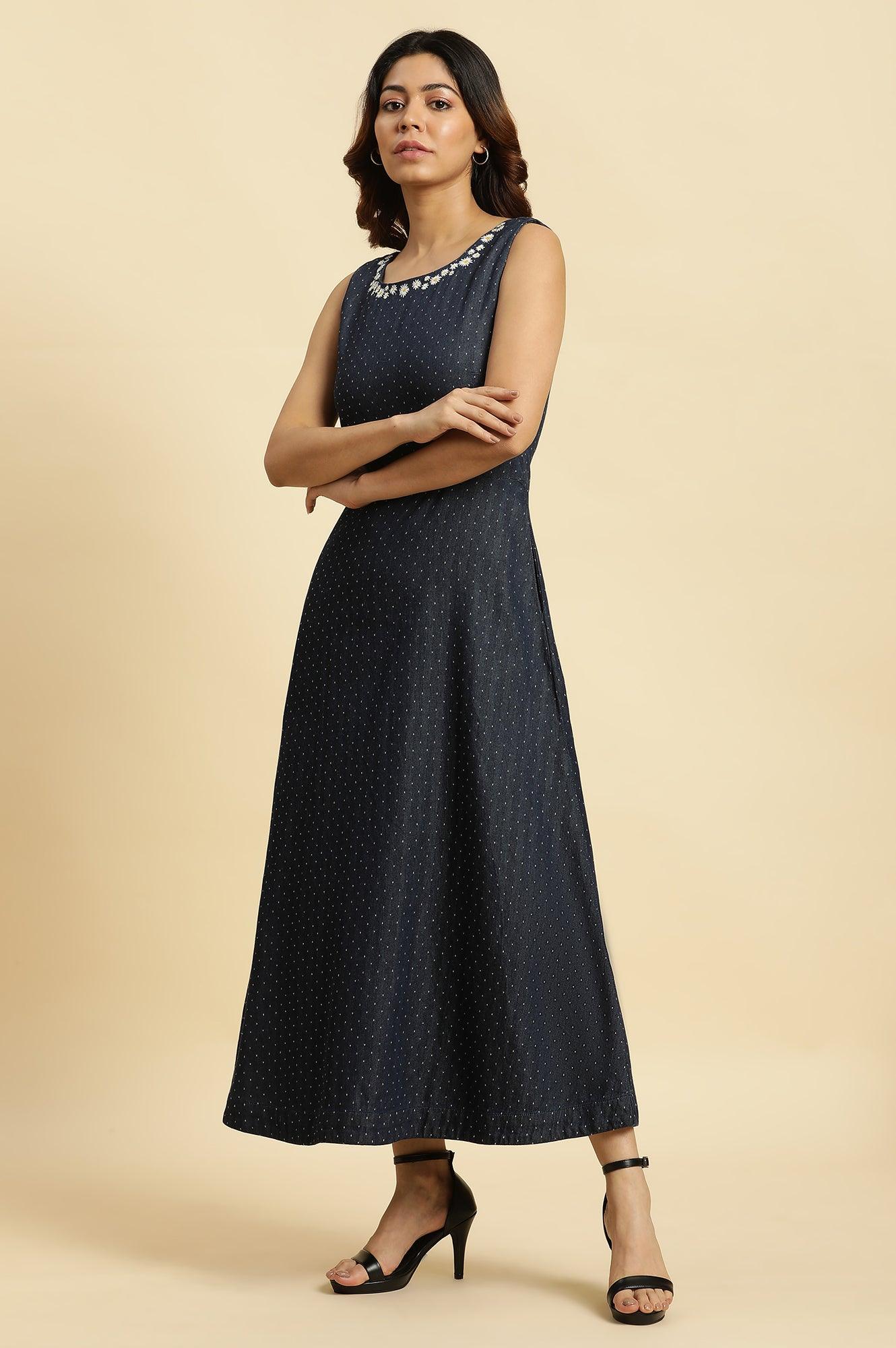 Blue Cotton Sleeveless Embroidered Western Dress - wforwoman