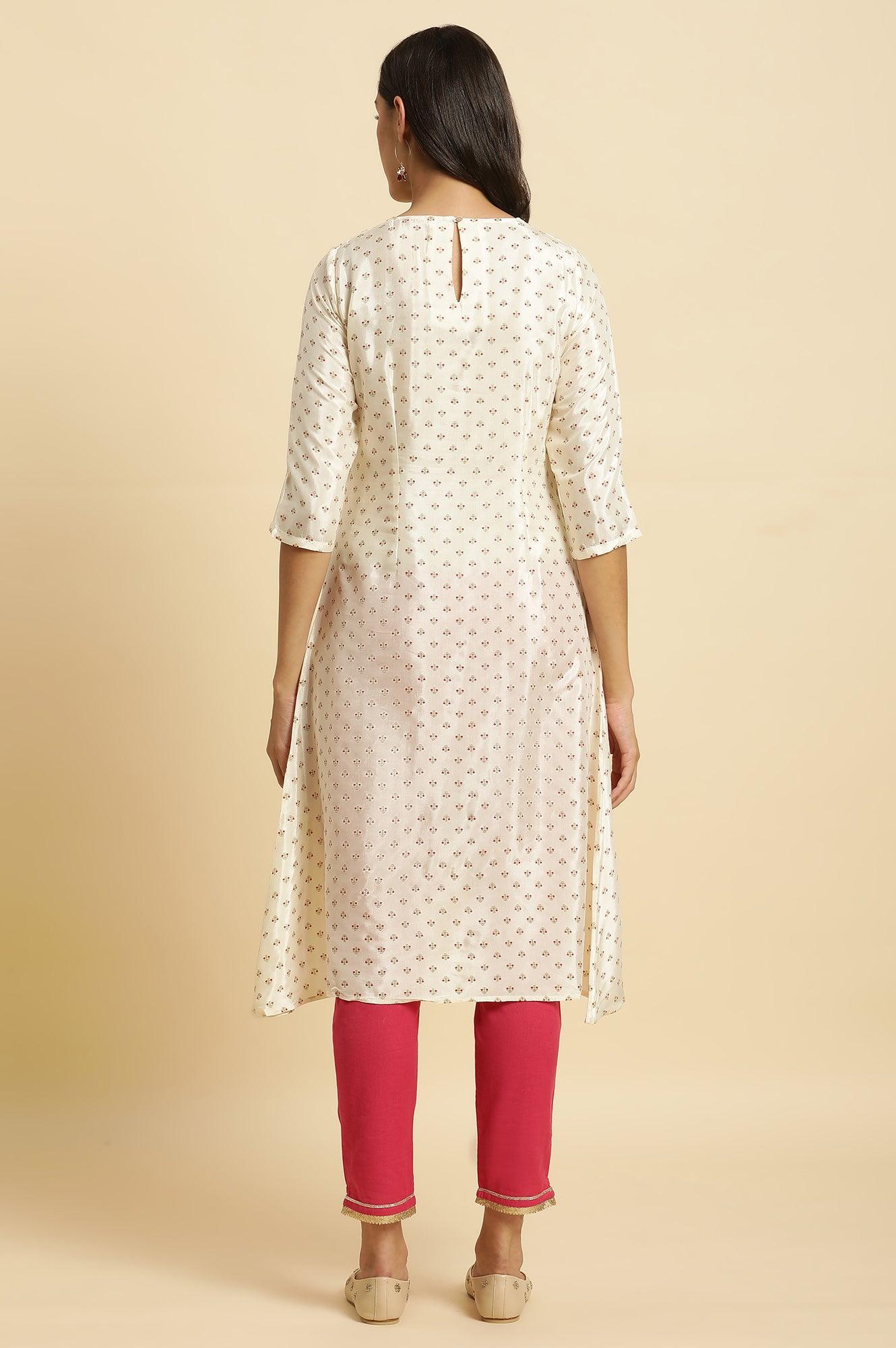 Ecru A-Line Embroidered Festive Kurta - wforwoman