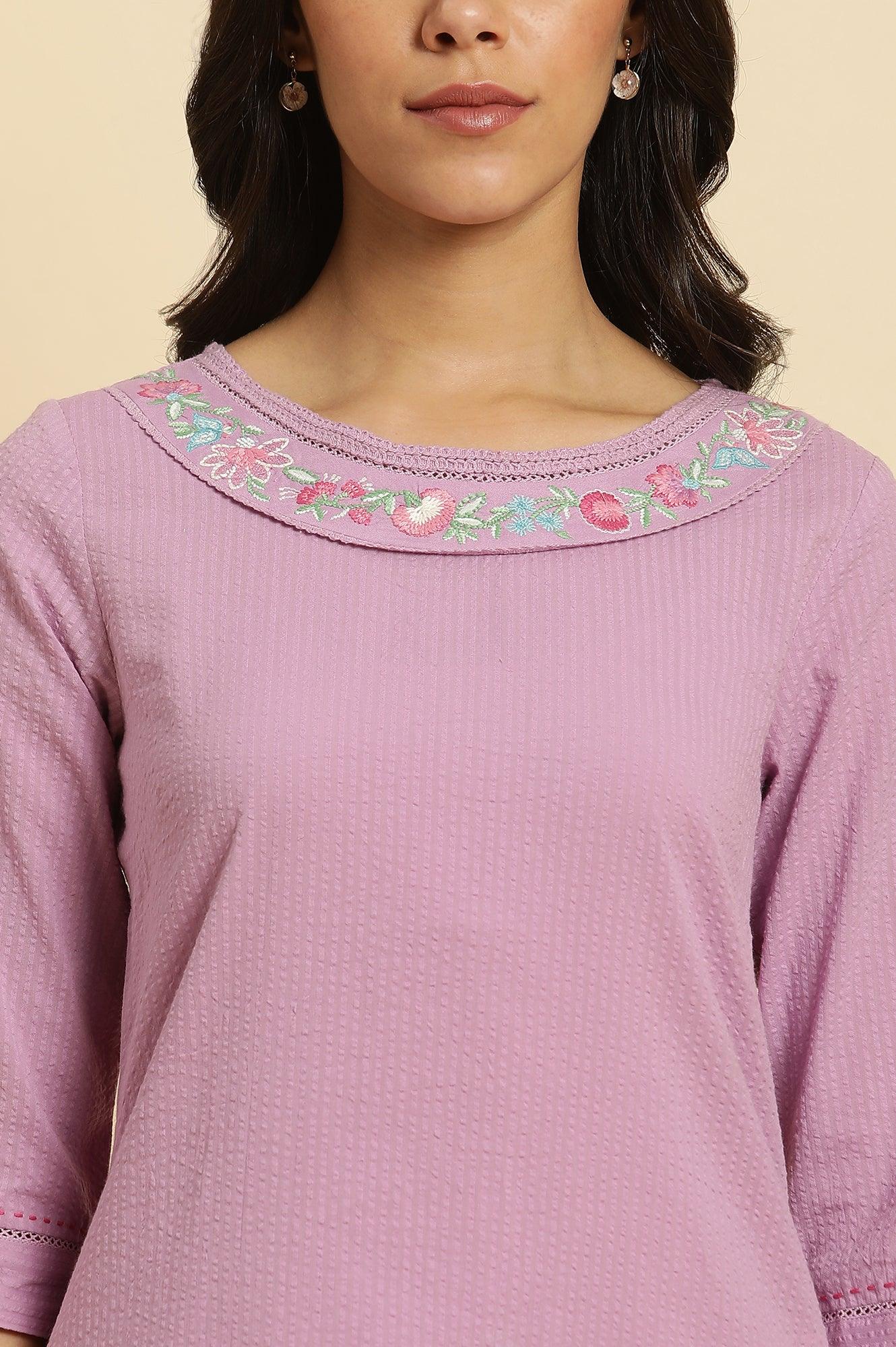 Light Purple Seer Sucker Embroidered Kurta - wforwoman